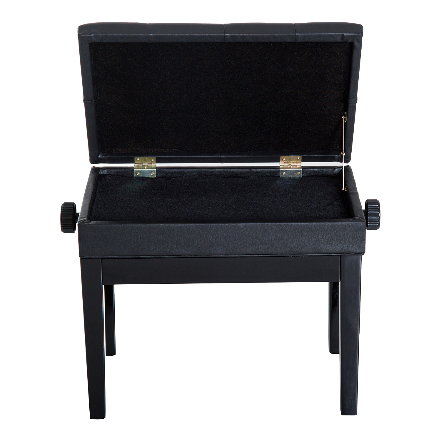 Banqueta de piano negra con tapa abierta y compartimento de almacenamiento sobre fondo blanco.