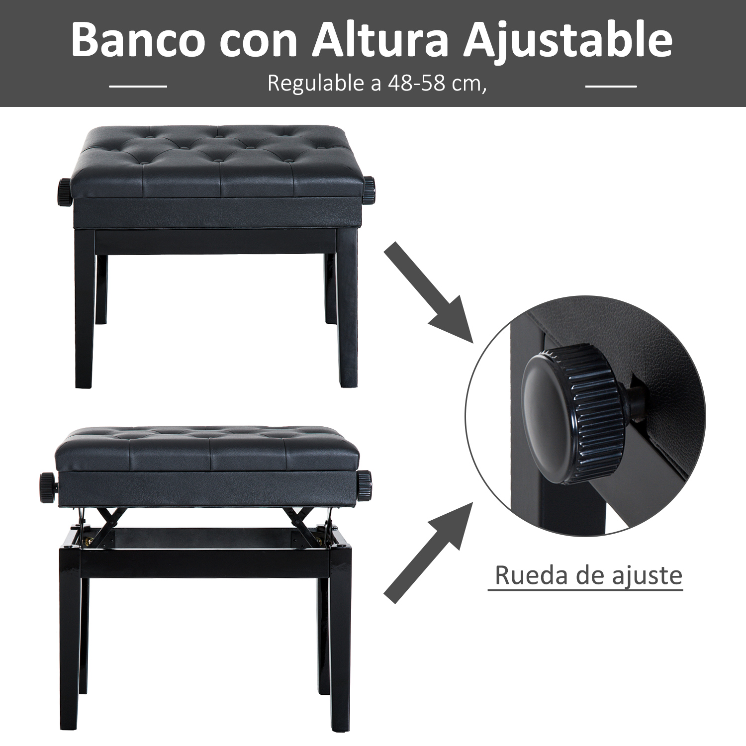Banco de piano negro ajustable con asiento copetudo y rueda.