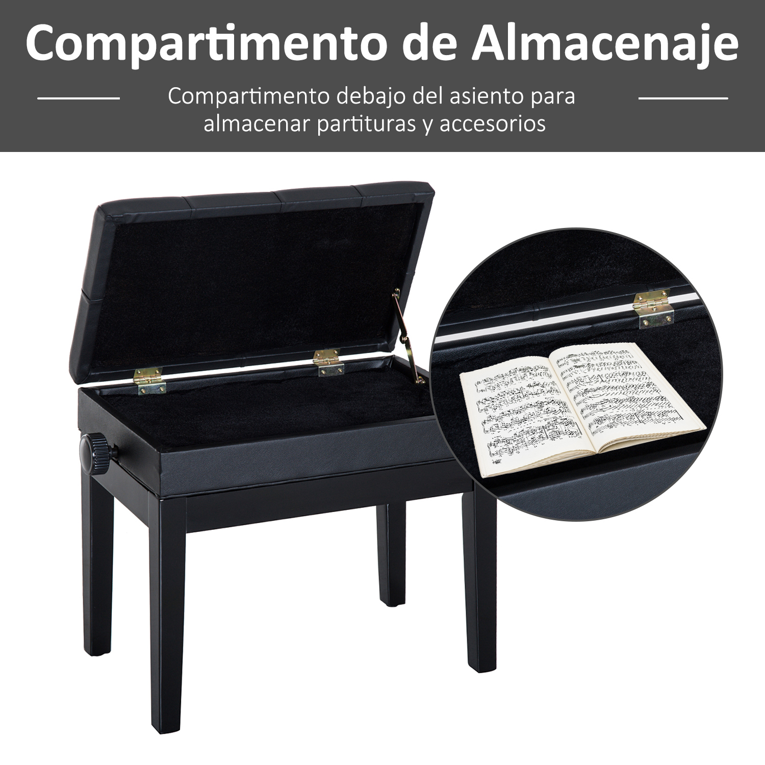 Banco de piano negro con compartimento de almacenamiento abierto con partituras.