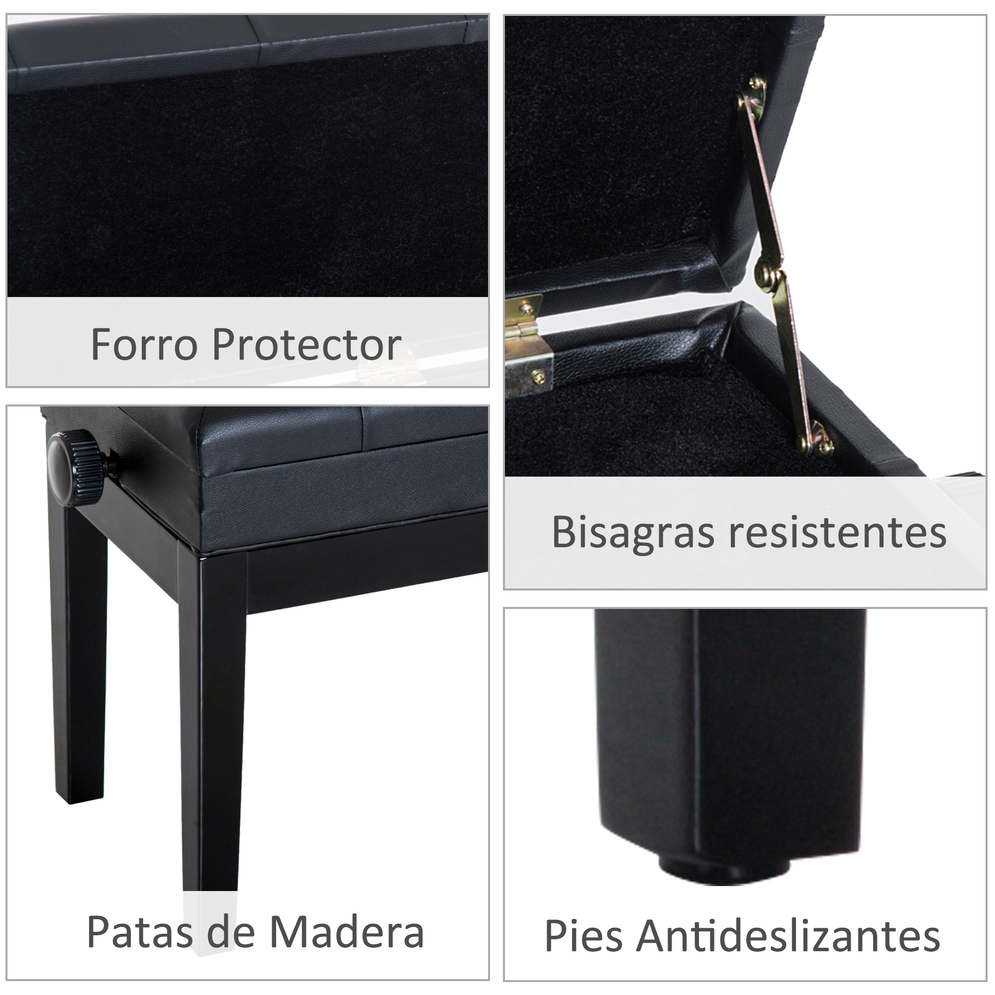 Cuatro primeros planos de un banco de piano negro que muestran forro protector, bisagras resistentes, patas de madera y pies antideslizantes.