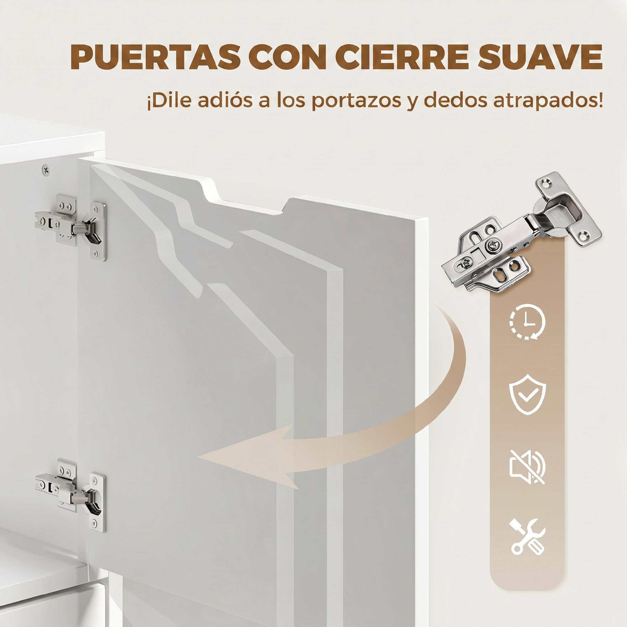 Puerta de armario con bisagras de cierre suave e iconos de cierre seguro.