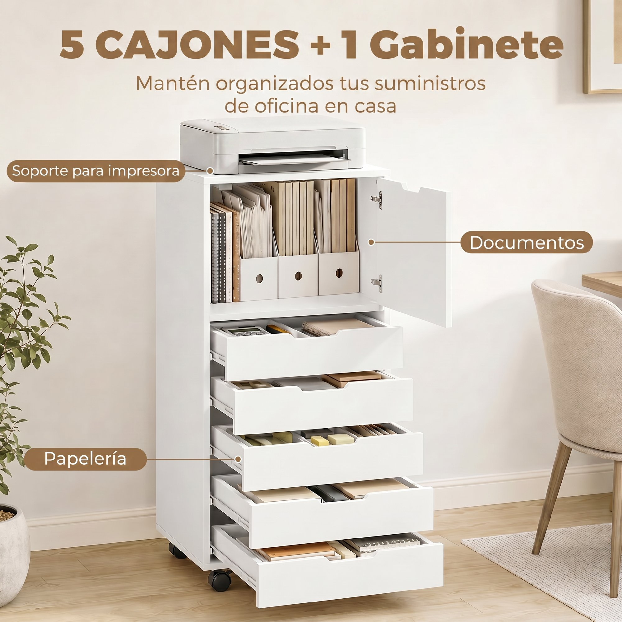 Gabinete archivador blanco con ruedas, impresora, documentos y cinco cajones abiertos con suministros.