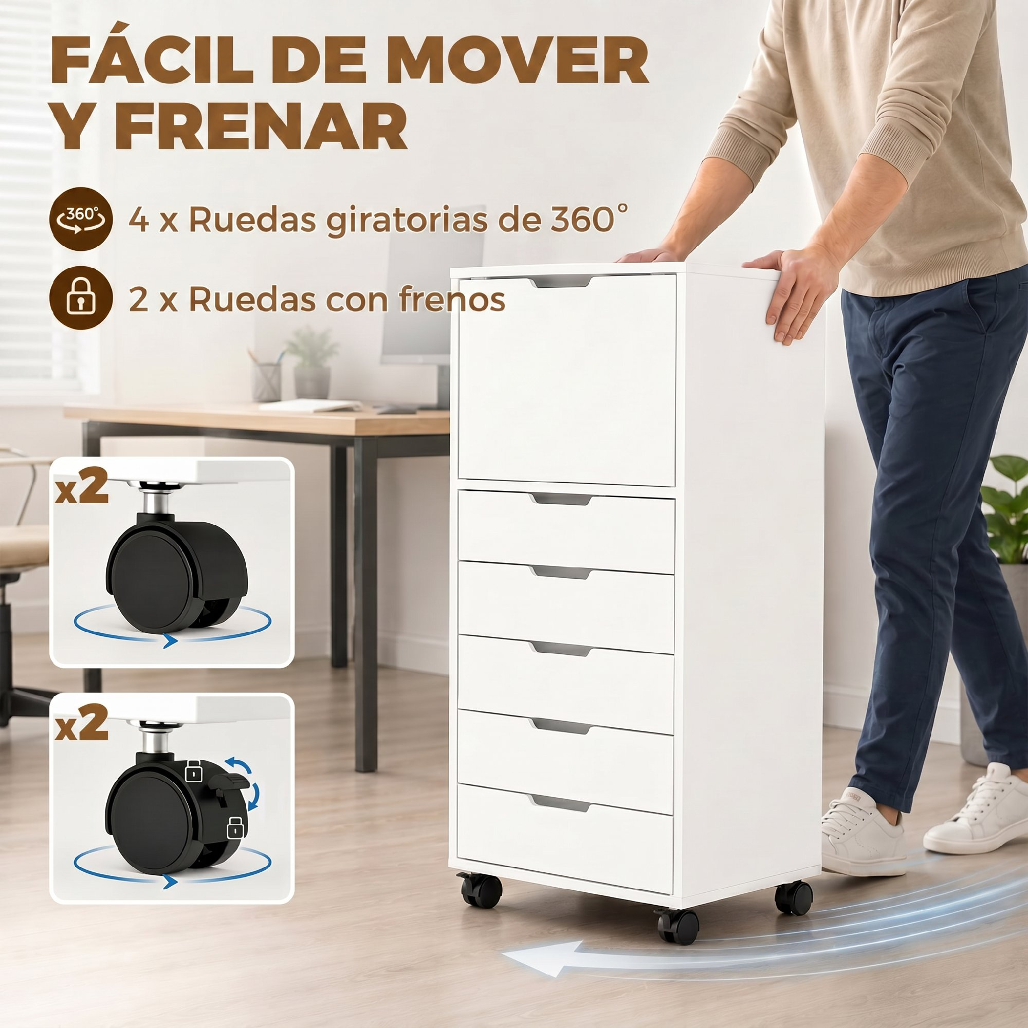 Una persona empuja un gabinete de cajones con ruedas en una oficina, con diagramas de ruedas.
