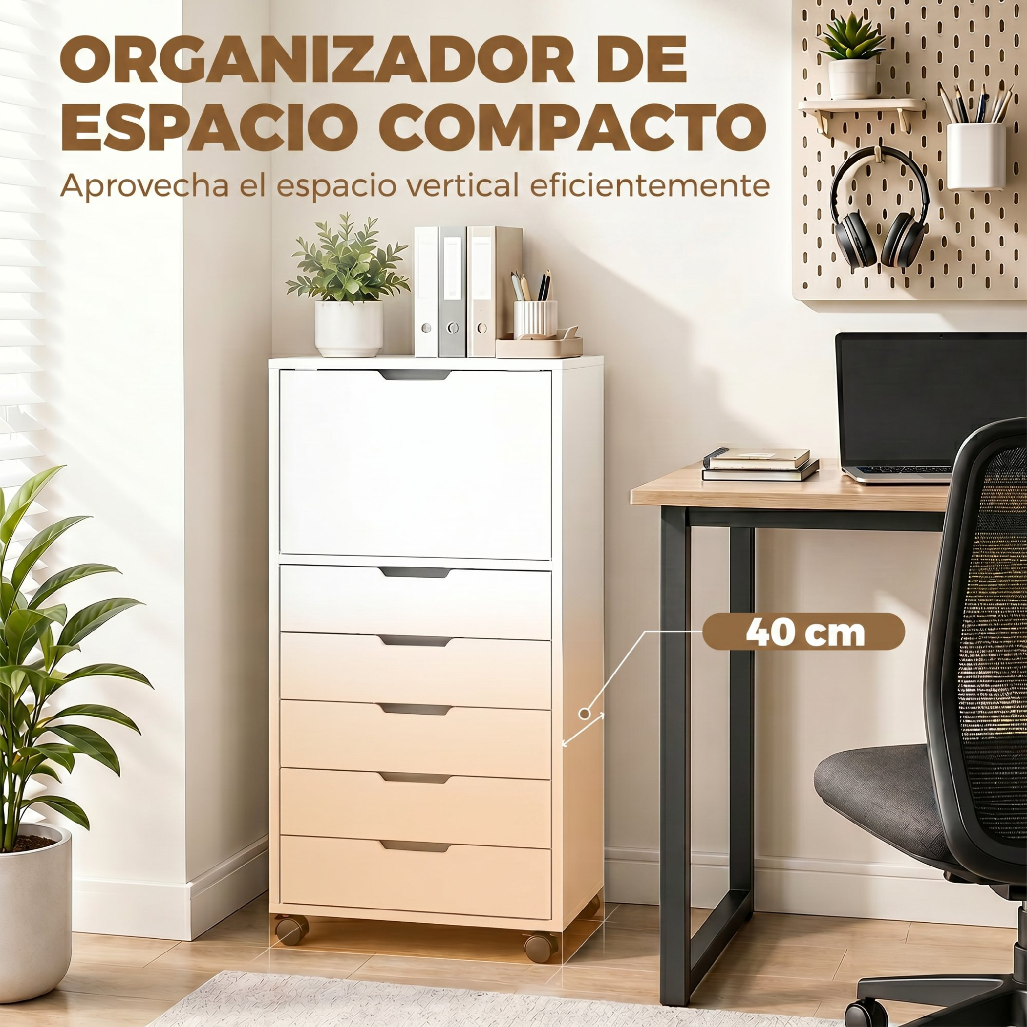 Un armario con ruedas blanco y madera de 6 cajones está en una habitación luminosa junto a un escritorio.