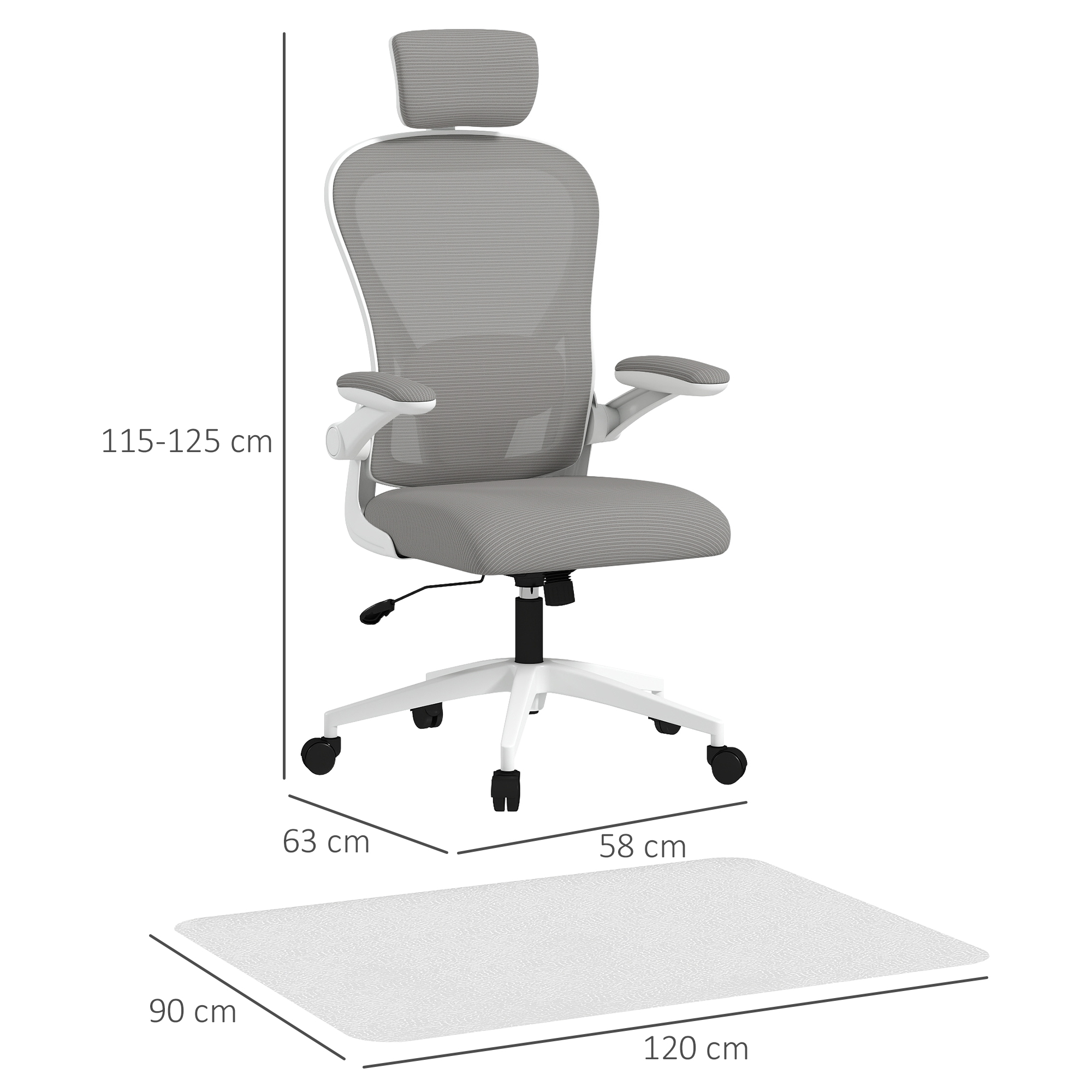 Silla de oficina ergonómica gris con estructura blanca, reposacabezas y alfombrilla protectora con medidas.