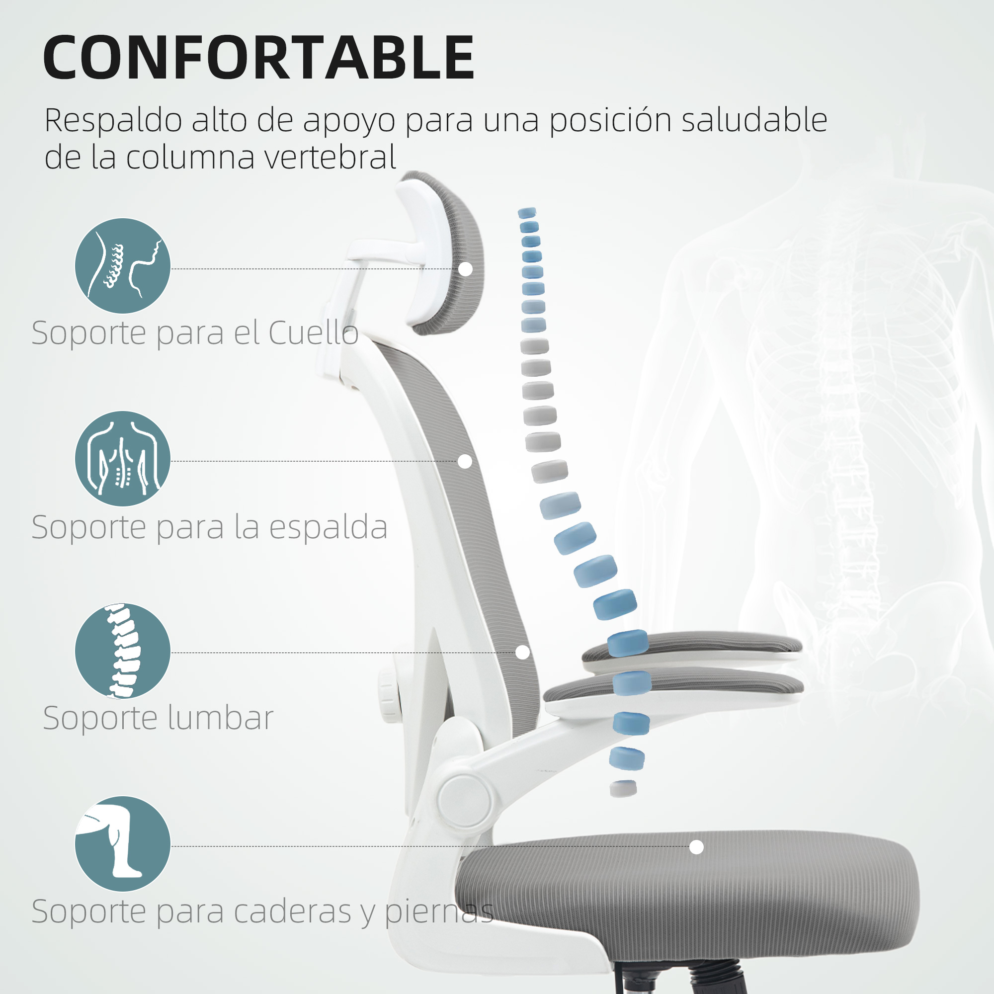 Silla de oficina ergonómica que muestra soporte espinal para cuello, espalda, lumbar y caderas.