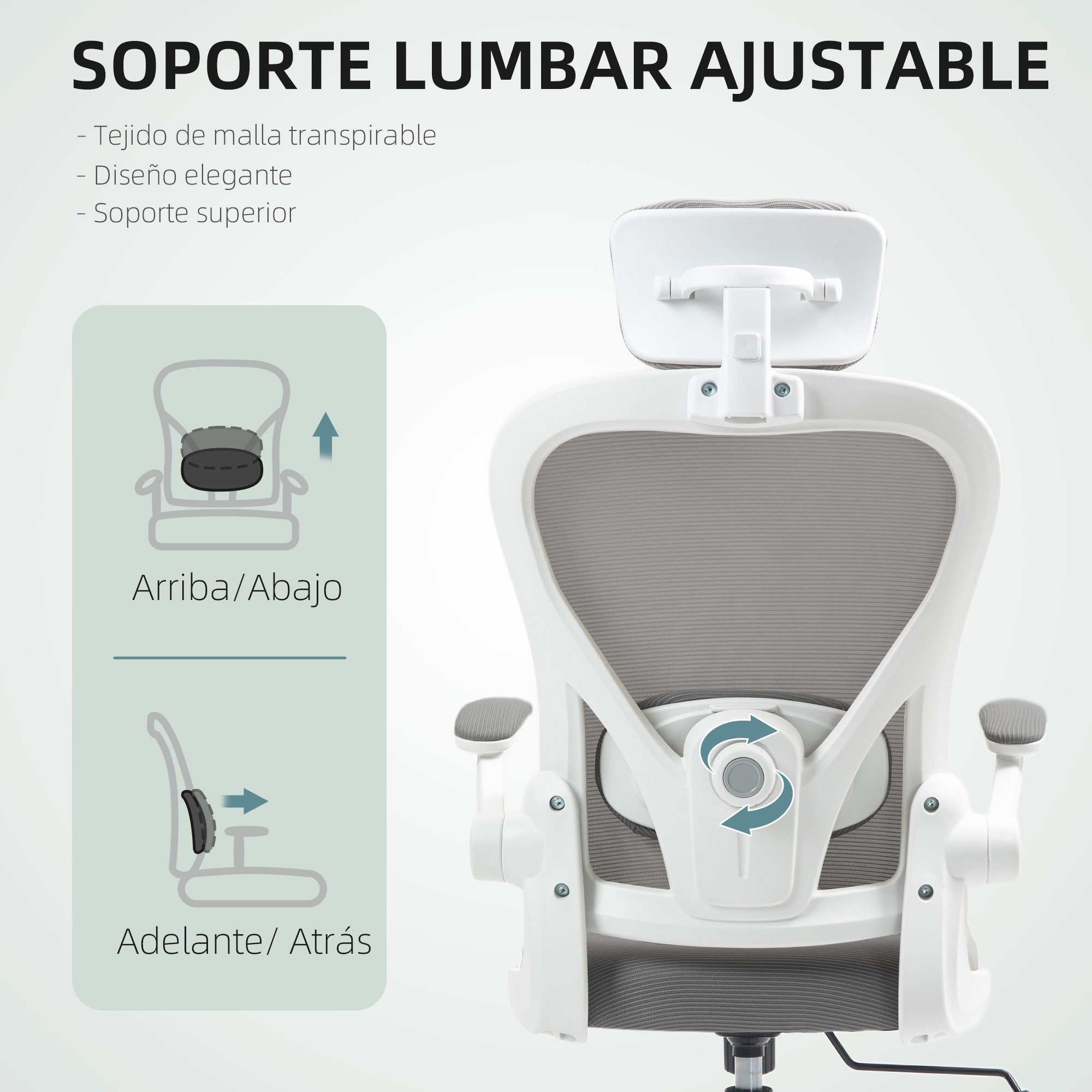 Respaldo de silla de oficina blanca con soporte lumbar ajustable, tela de malla y diagramas de movimiento arriba-abajo.