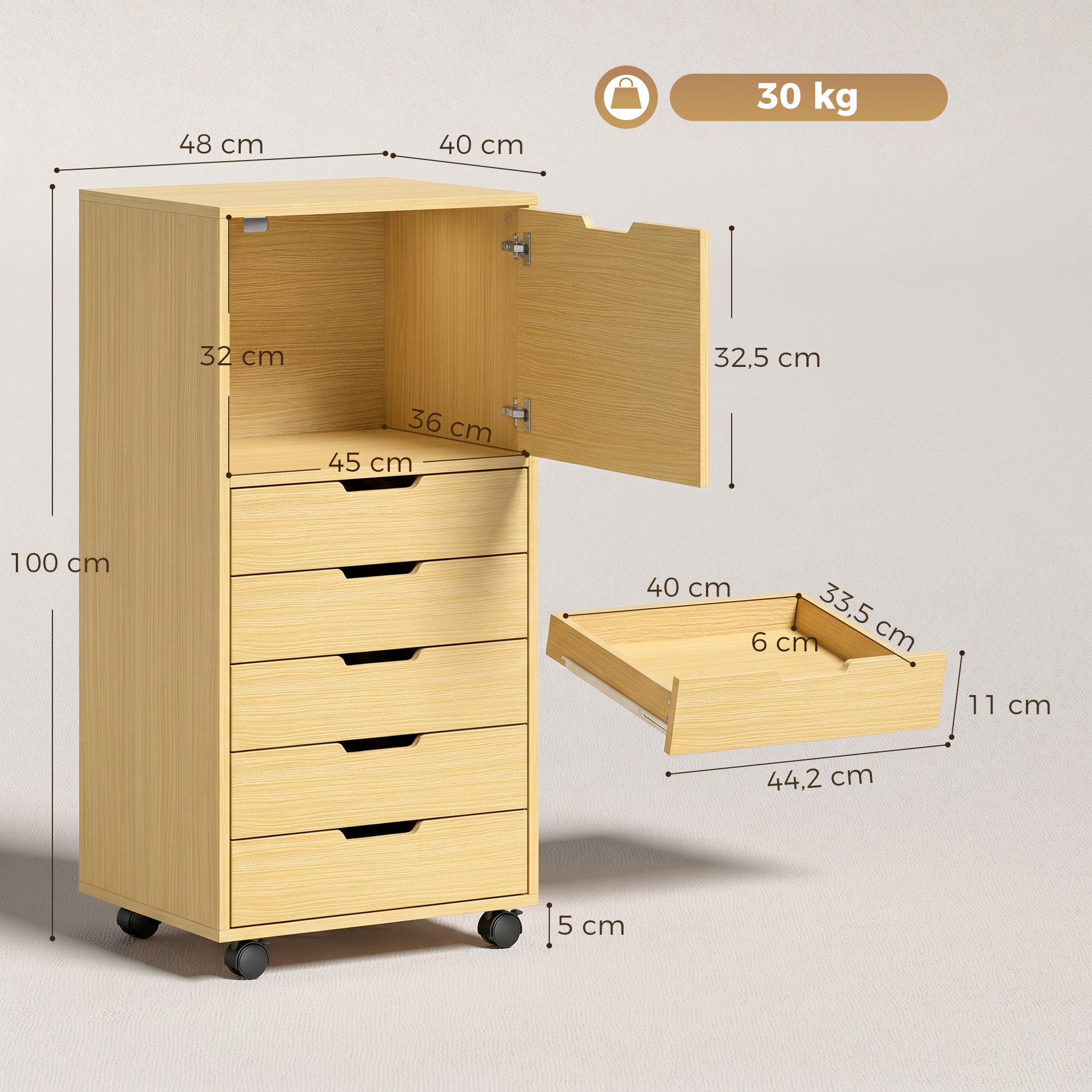 Archivador de madera con ruedas, estantes abiertos y cinco cajones, mostrando medidas.