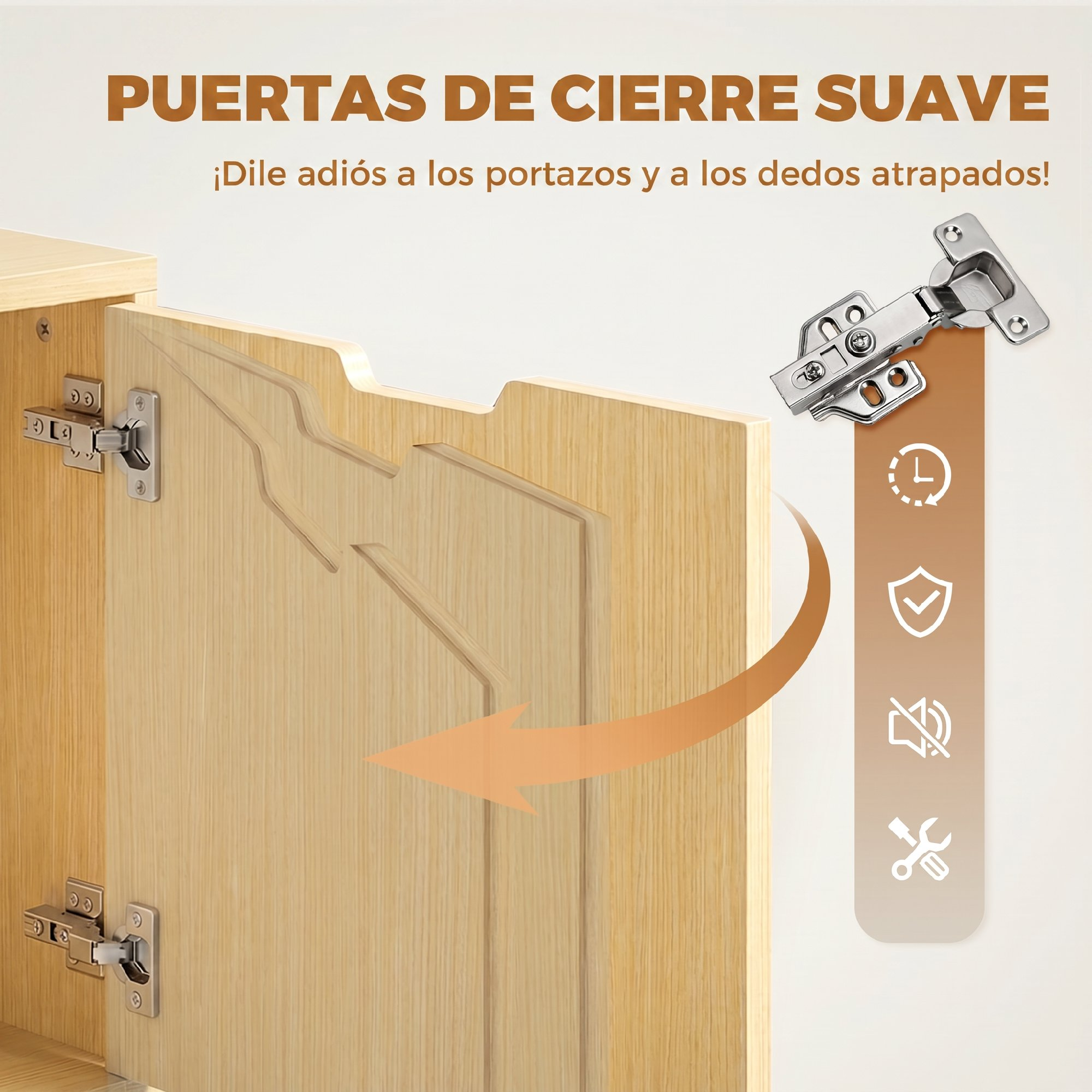Una puerta de armario de madera con bisagras muestra cierre suave.