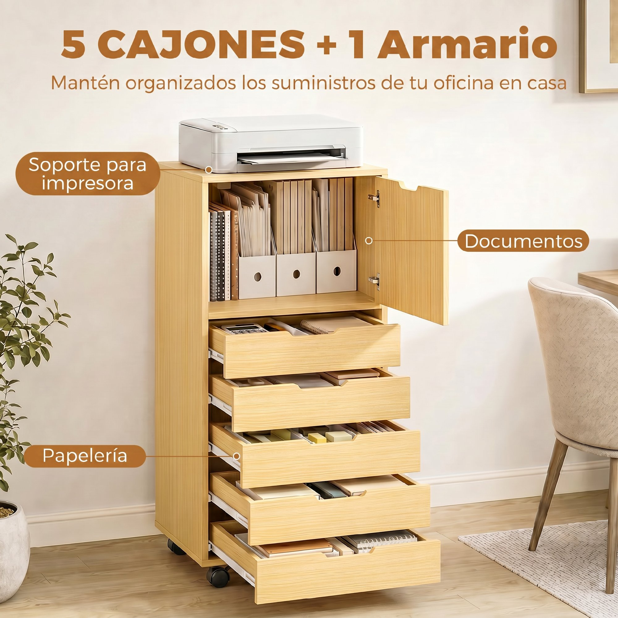 Gabete de oficina de madera clara con una impresora encima, cinco cajones y un armario con archivadores.