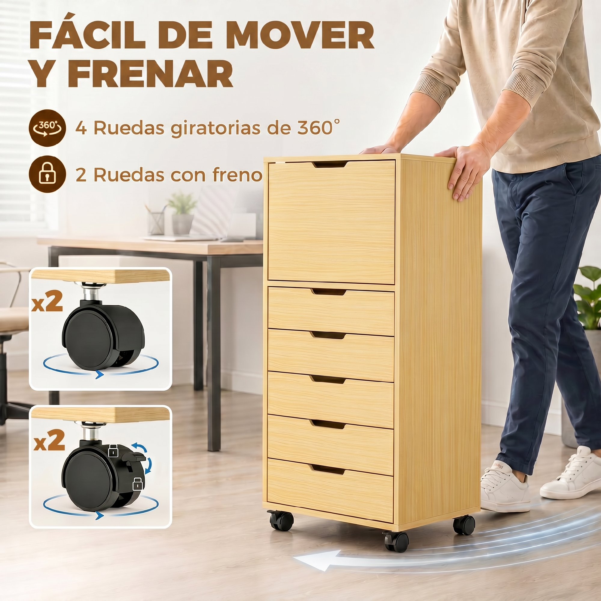 Un hombre empuja un archivador móvil de madera clara con seis cajones en una habitación moderna.