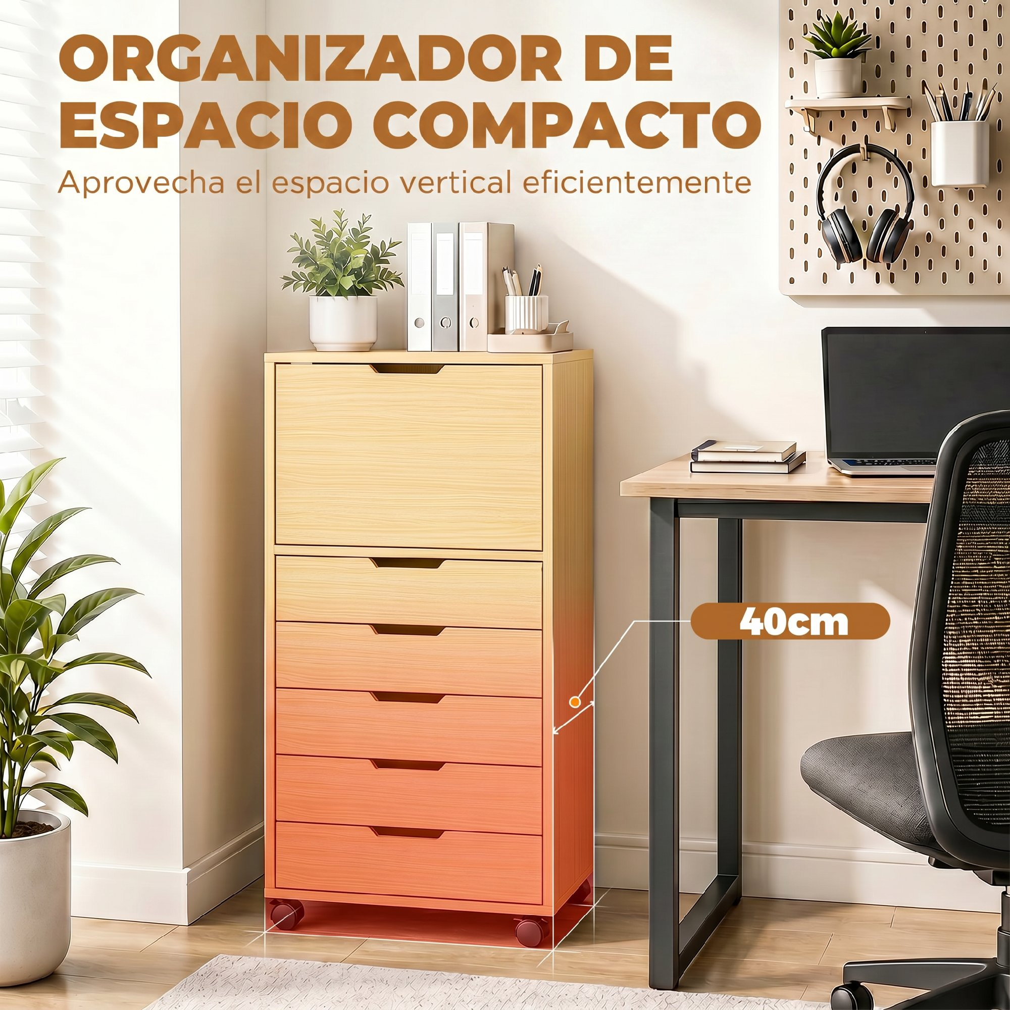 Un armario móvil de madera con degradado y seis cajones junto a un escritorio.
