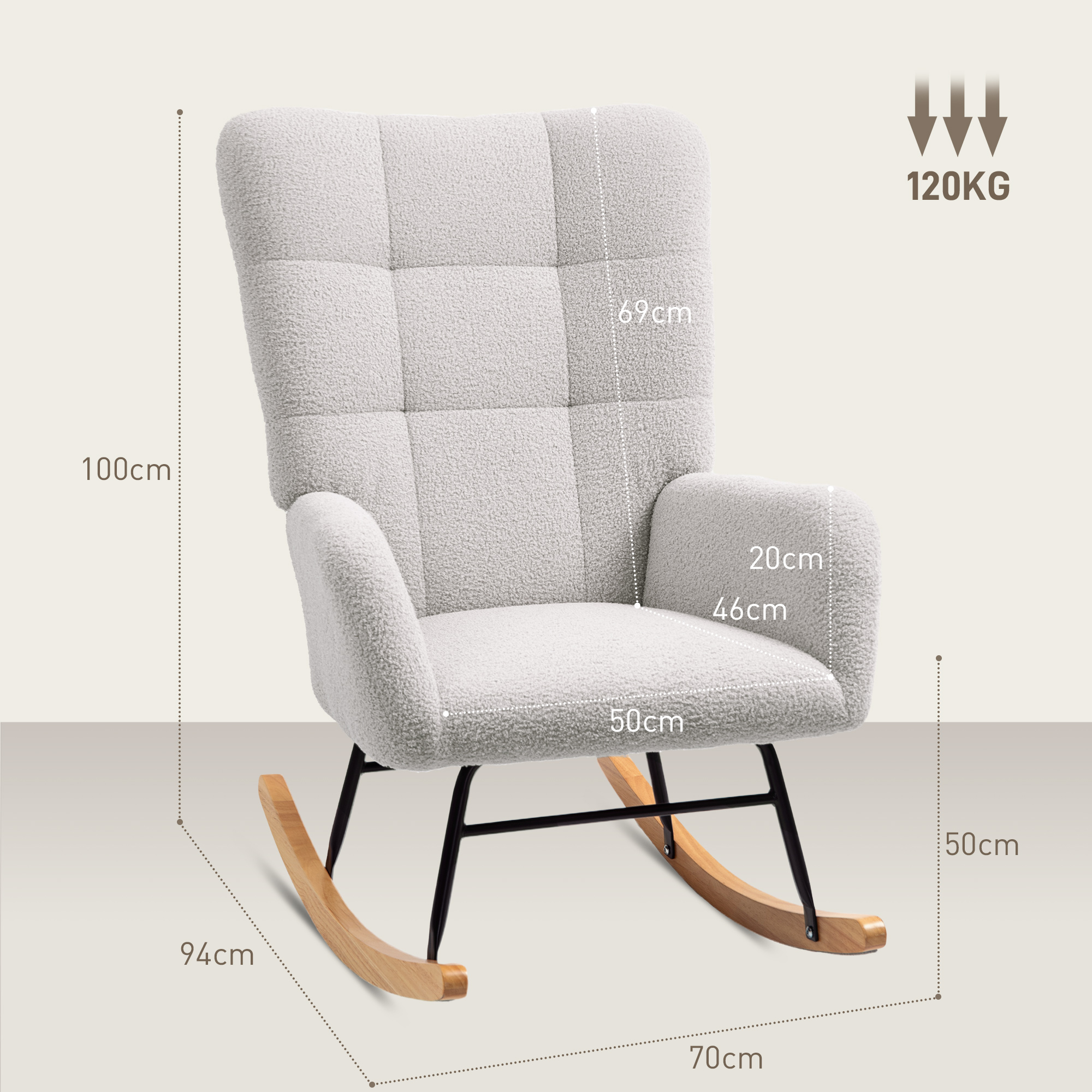 Silla mecedora gris con texturas blancas, patas de madera y medidas.
