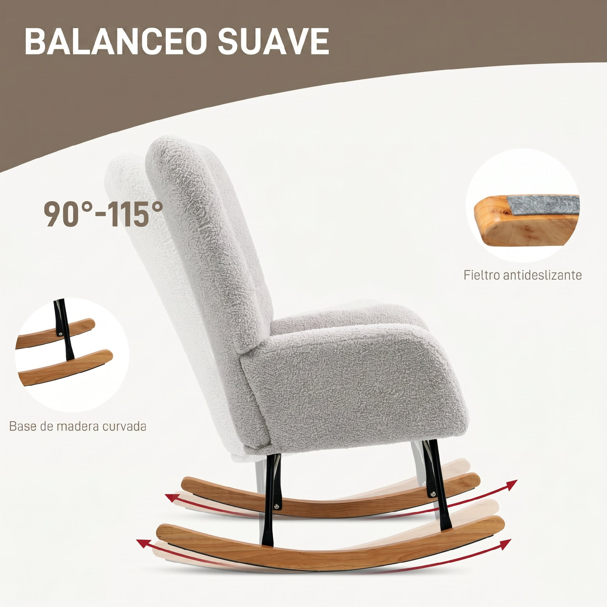 Mecedora gris con patas de madera, inclinación de 90-115 grados y fieltro antideslizante.