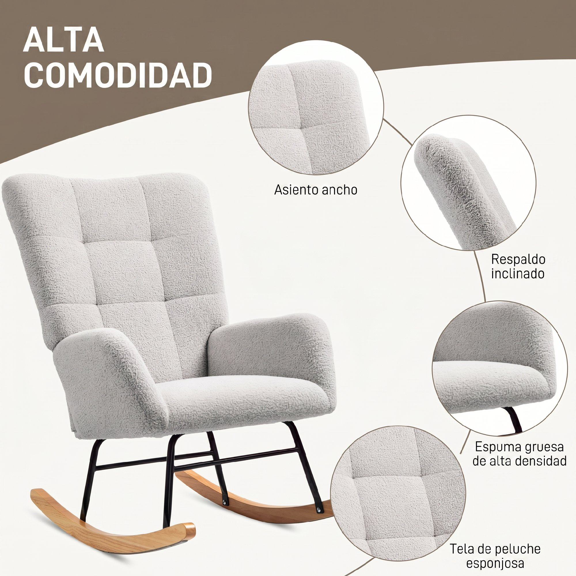 Cómoda mecedora gris con patas de madera y metal, mostrando detalles del asiento, respaldo y tela.