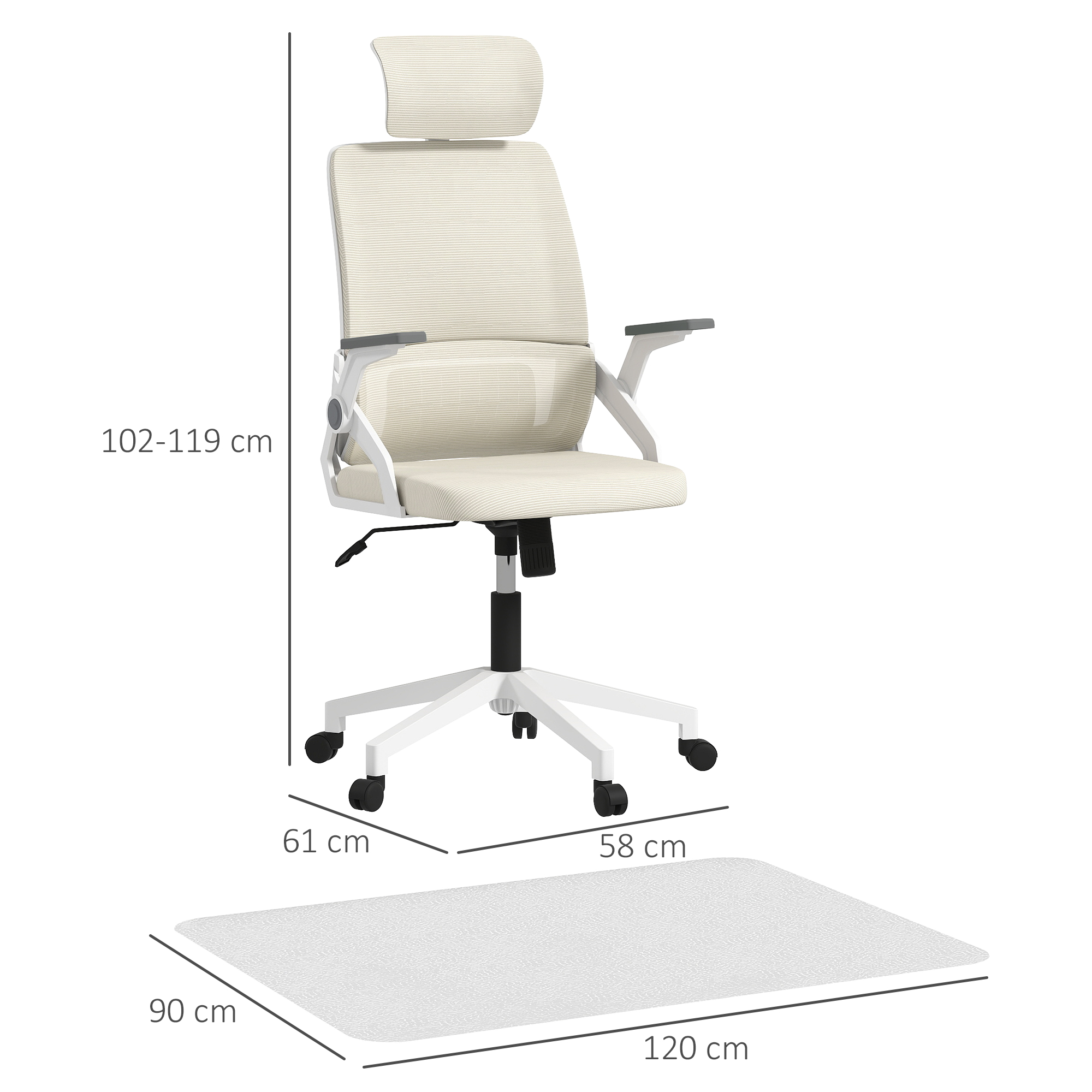 Silla de oficina beige con reposacabezas y alfombrilla, mostrando dimensiones.
