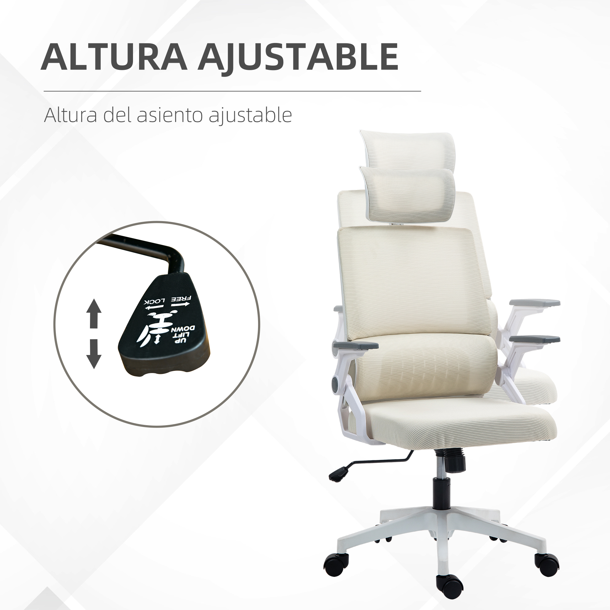 Una silla de oficina ergonómica blanca con altura ajustable y un primer plano de la palanca.