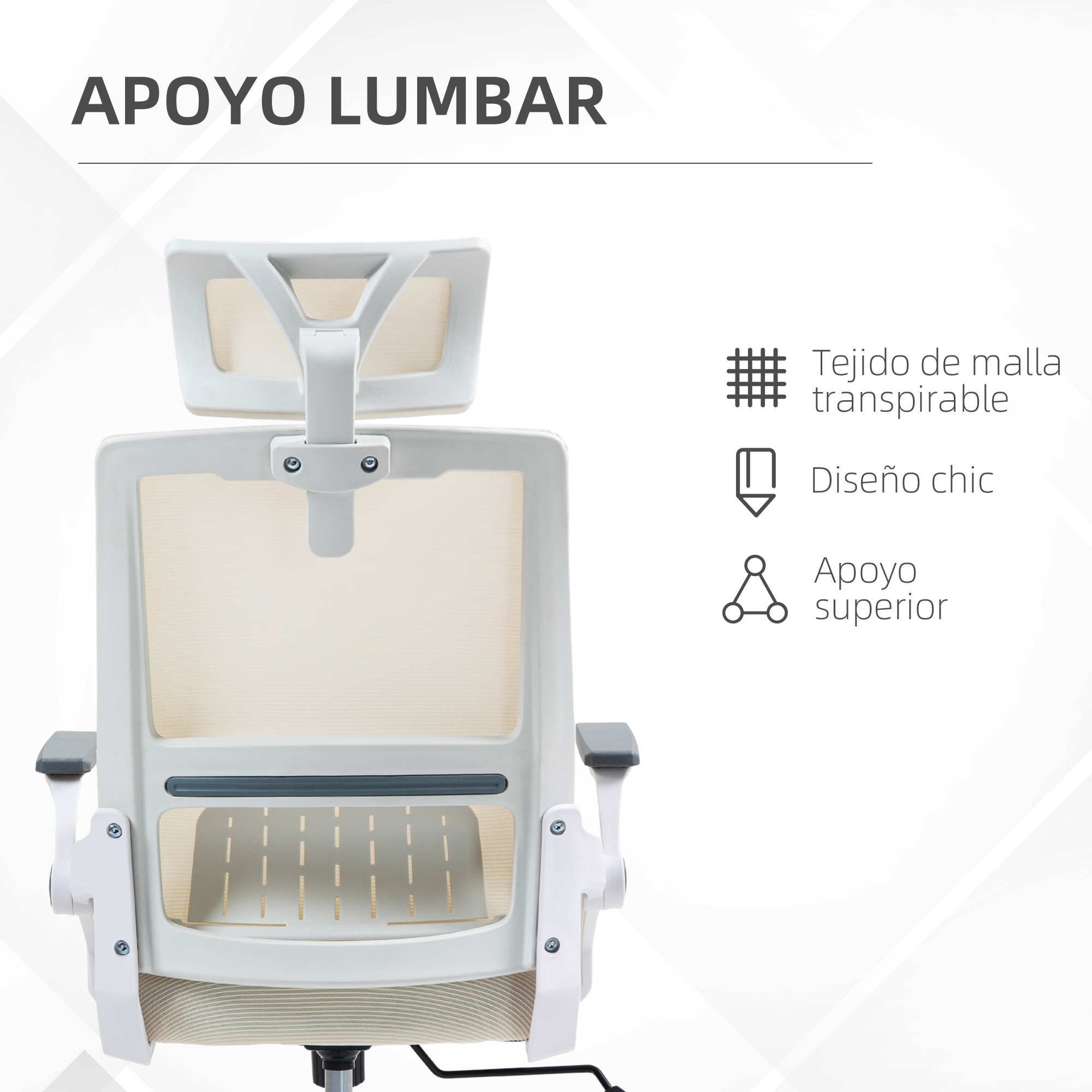 Parte trasera de una silla de oficina ergonómica blanca con reposacabezas y texto en español.