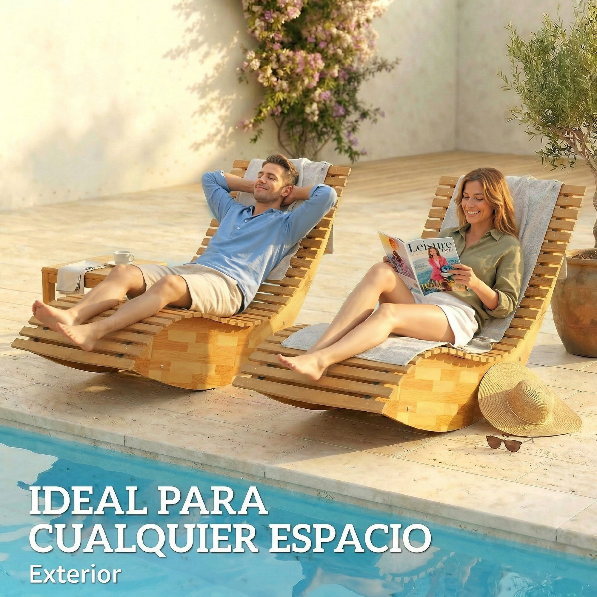 Un hombre y una mujer descansan en tumbonas de madera junto a una piscina; él descansa y ella lee una revista.