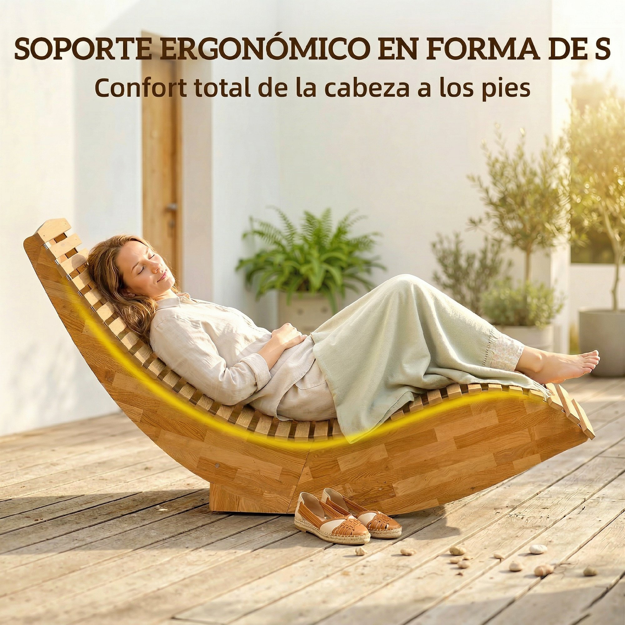Una mujer se relaja en una tumbona de madera ergonómica en forma de S en un patio soleado.