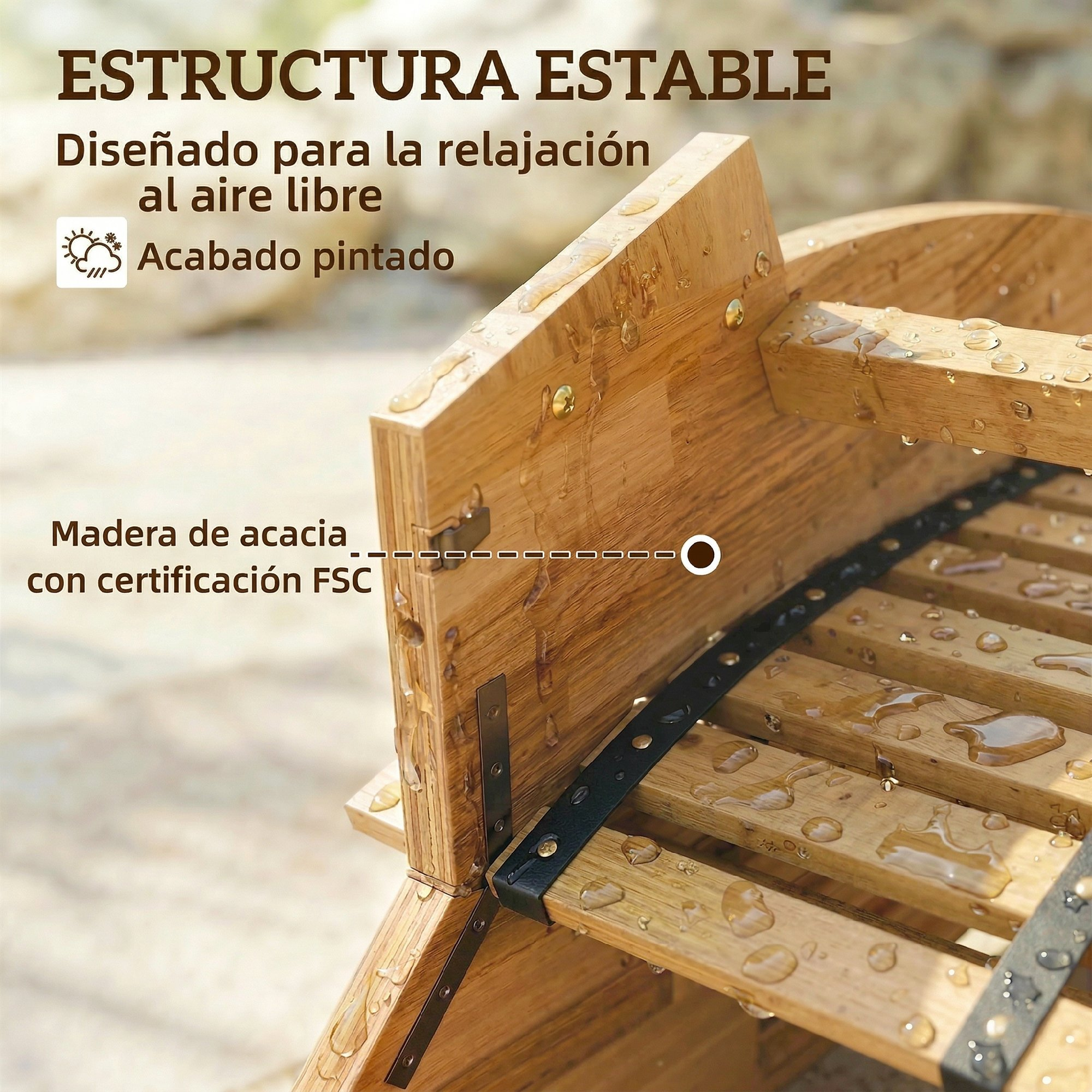 Mueble de madera de acacia con gotas de agua y textos.