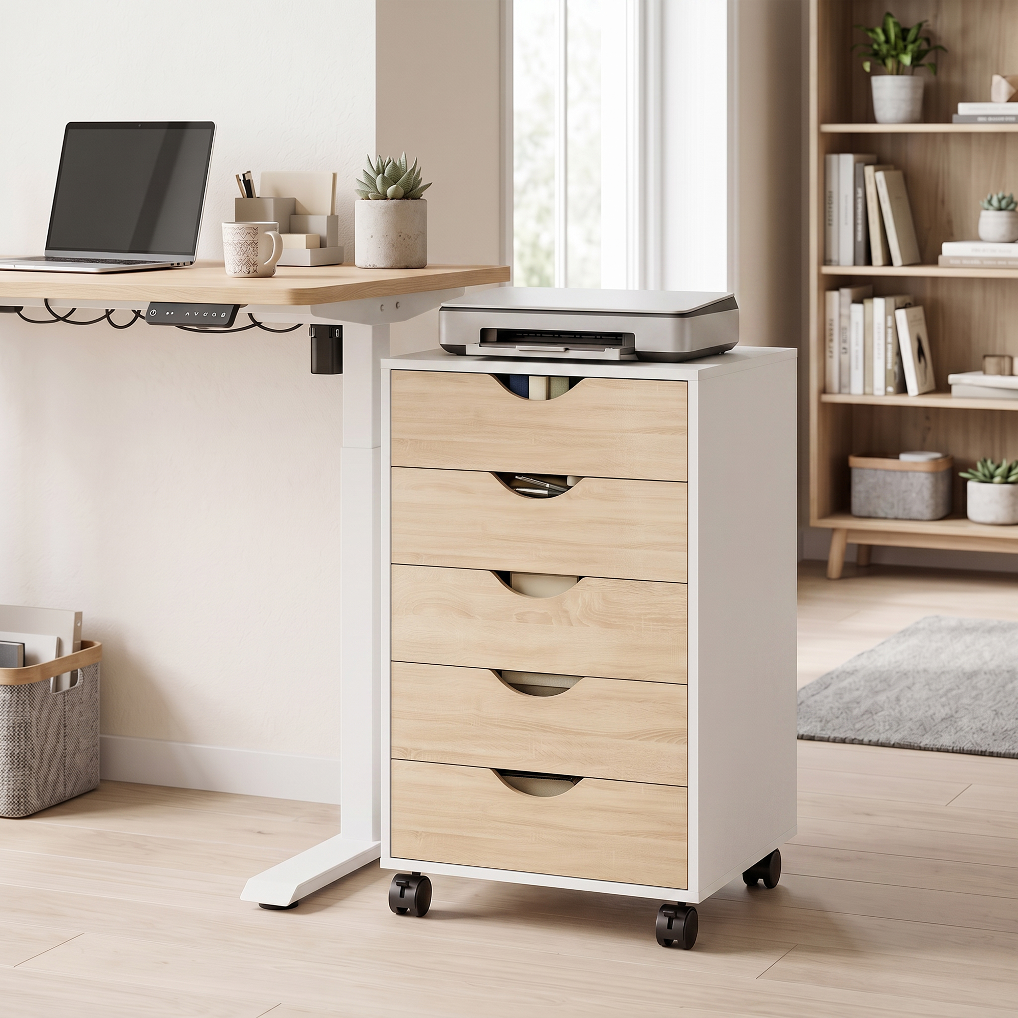 Un mueble con ruedas blanco con cajones de madera y una impresora junto a un escritorio de madera en una habitación luminosa.
