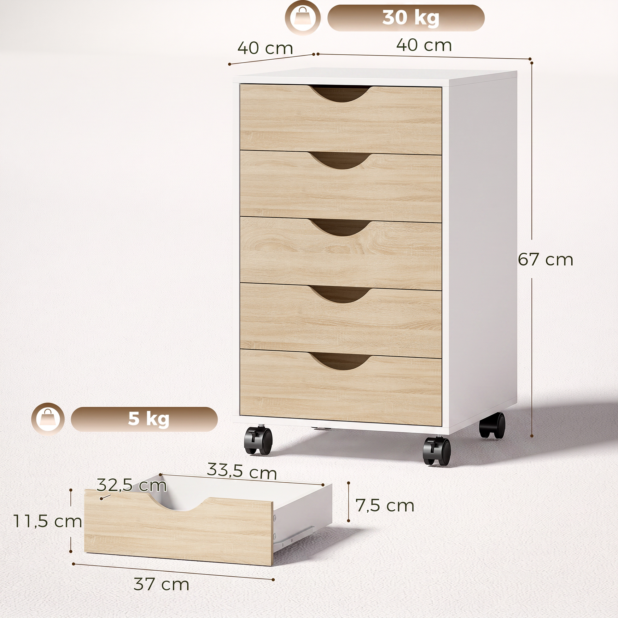 Armario blanco con ruedas, cinco cajones de madera y medidas.