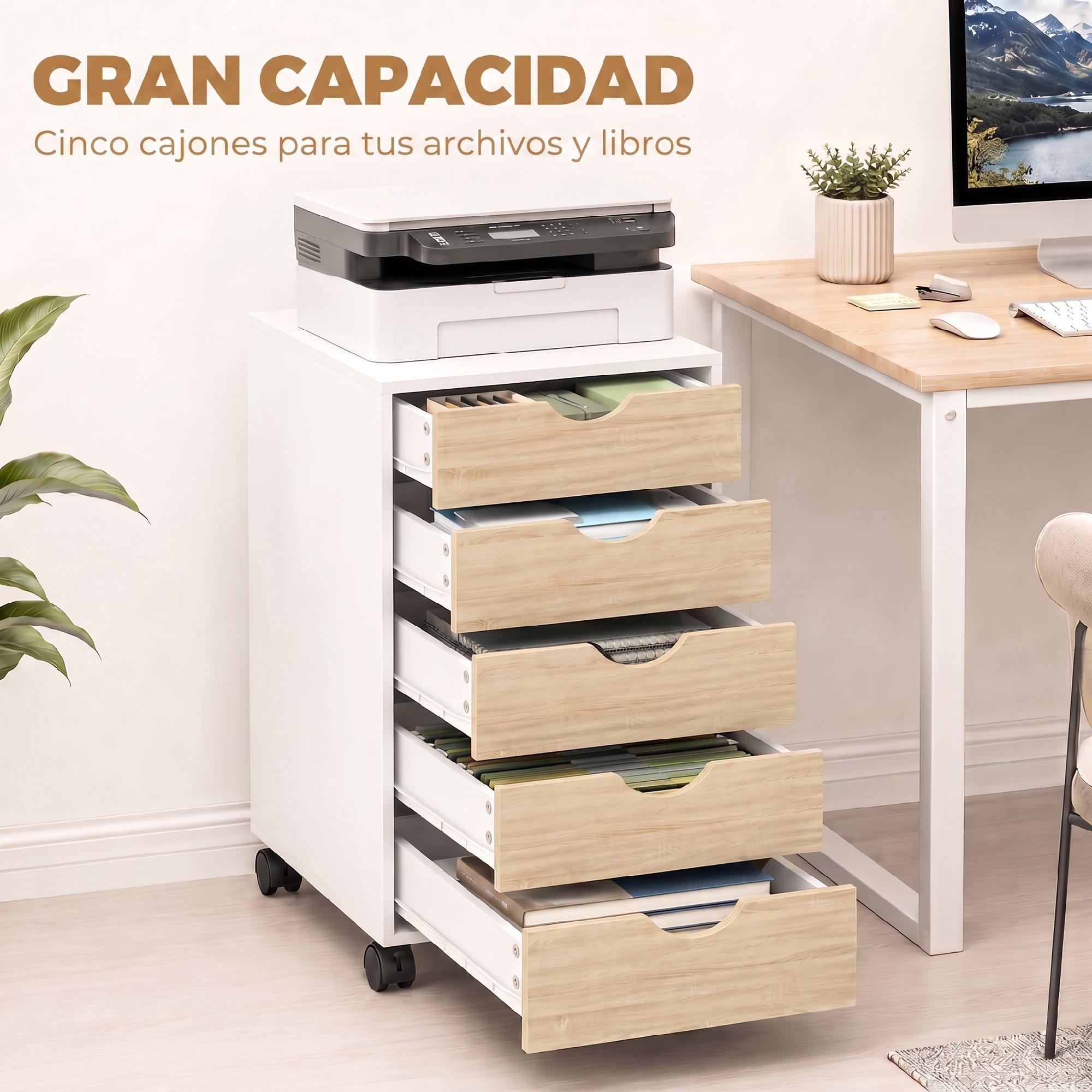 Un armario rodante blanco con cinco cajones de madera con una impresora, al lado de un escritorio.