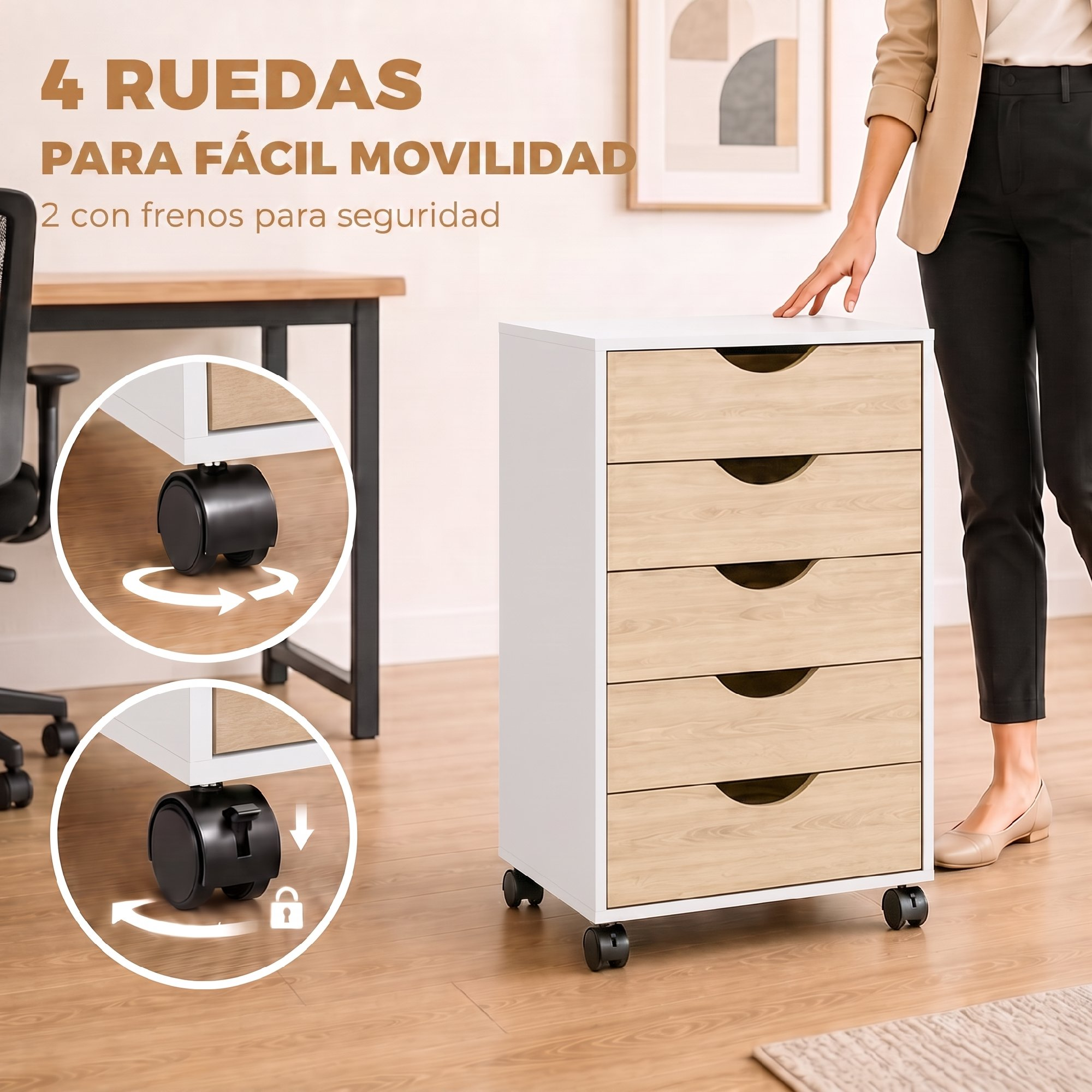 Un archivador blanco y de madera con cinco cajones en una oficina, con dos círculos detallados que muestran las ruedas.