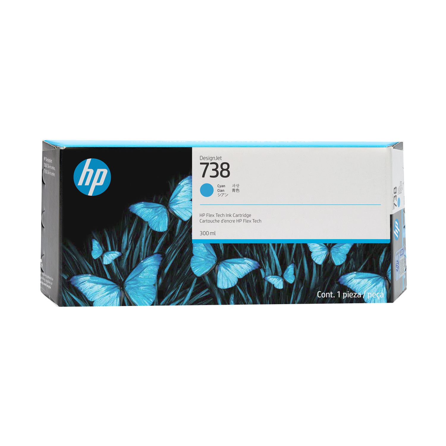Cartucho de tinta cian HP 738 en caja original con mariposas azules y hierba.