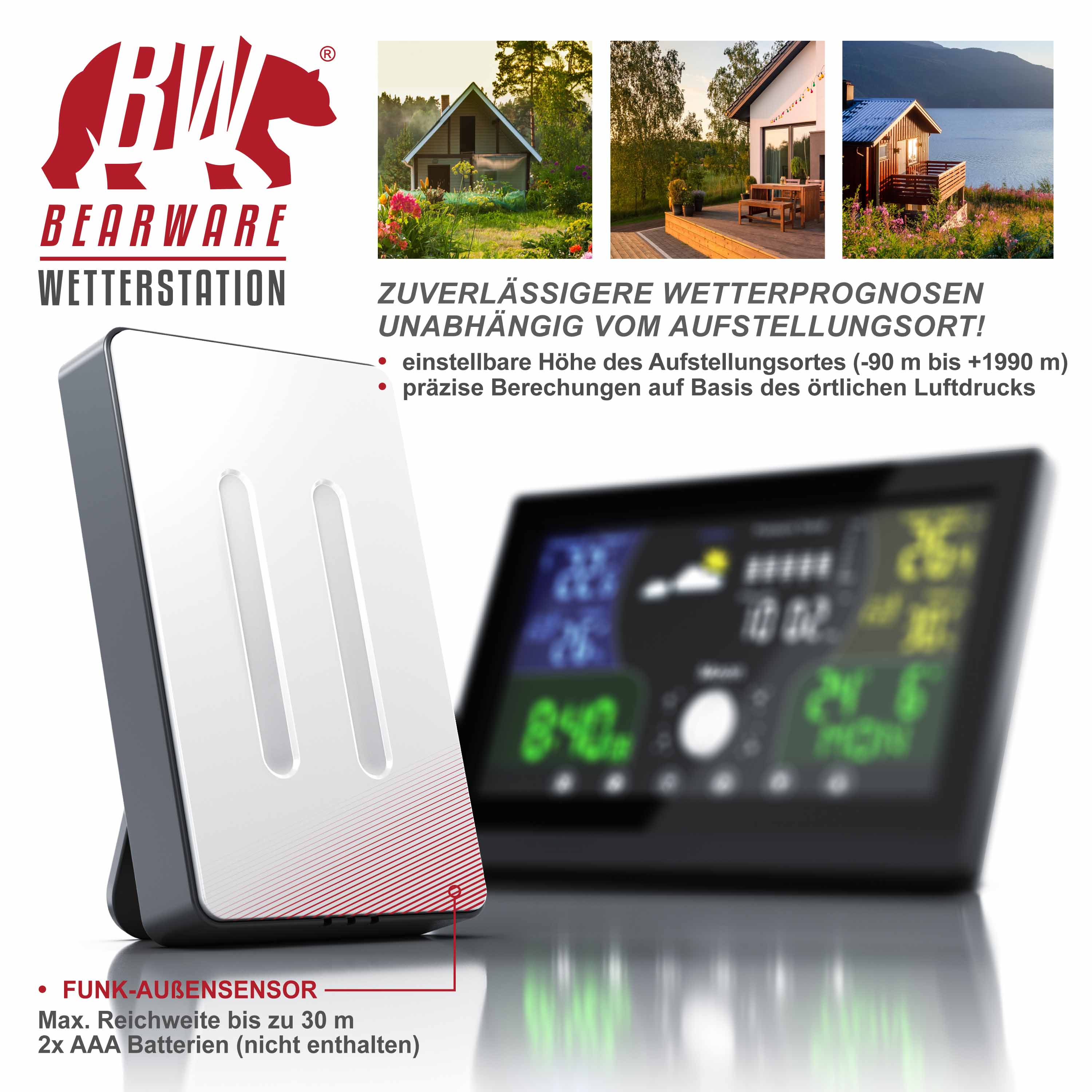 Bearware Wetterstation mit weißem Funkaußensensor und digitalem Display mit Wetterdaten vor Naturfotos.