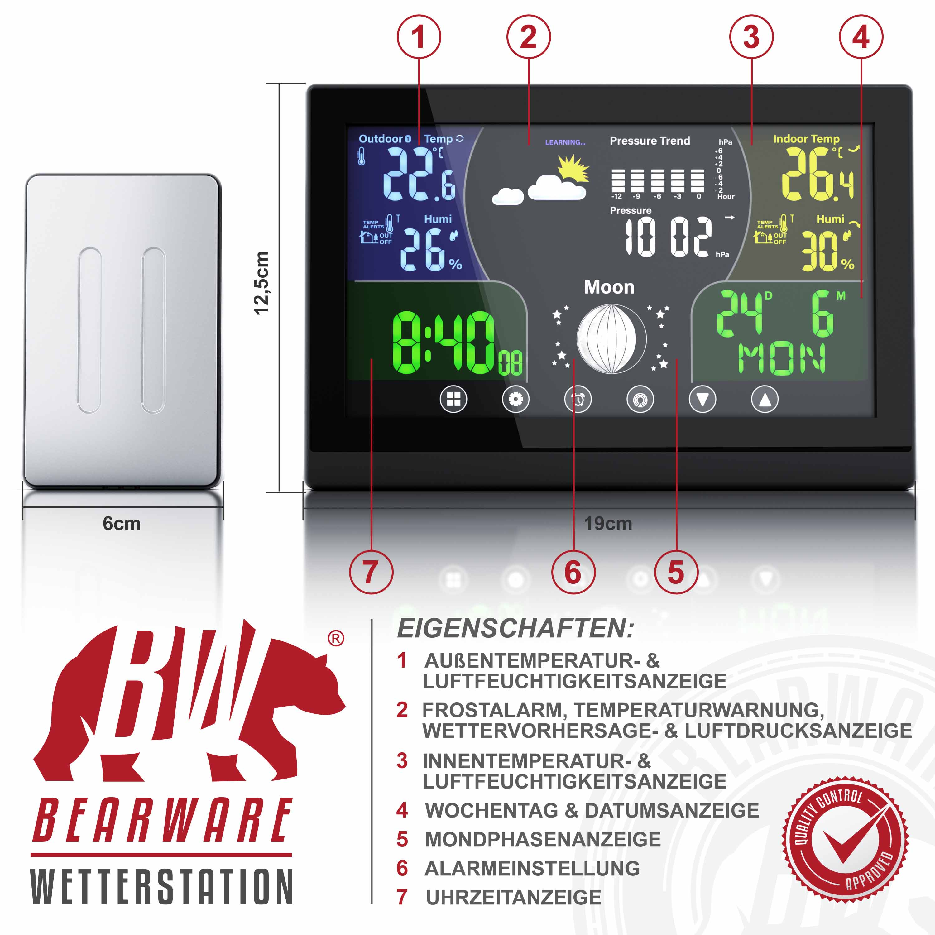 Digitale Wetterstation mit Farbdisplay, Außensensor und nummerierten Funktionsanzeigen.