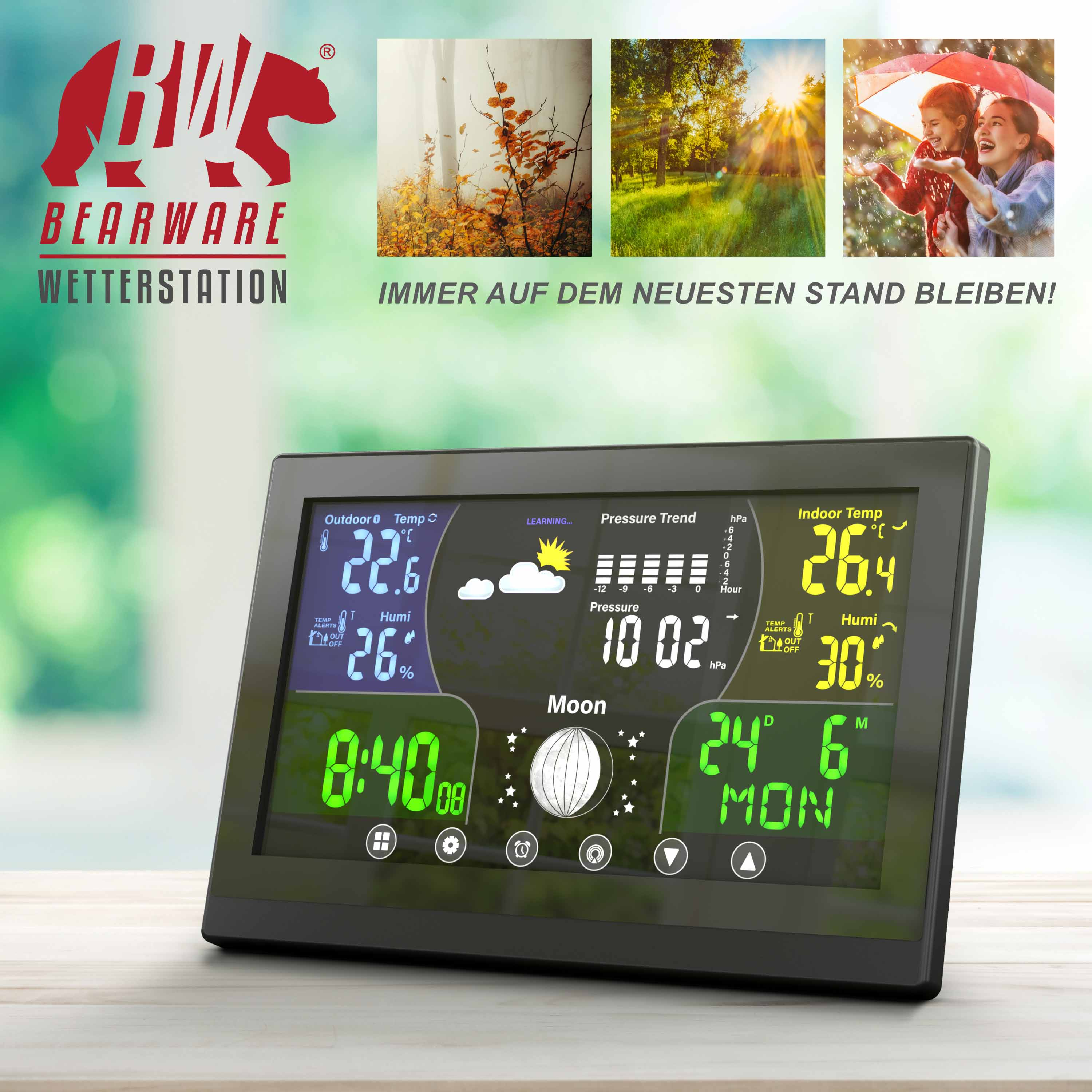 Bearware Wetterstation mit digitalem Farbdisplay zeigt Temperatur, Luftfeuchtigkeit, Luftdruck und Mondphase.