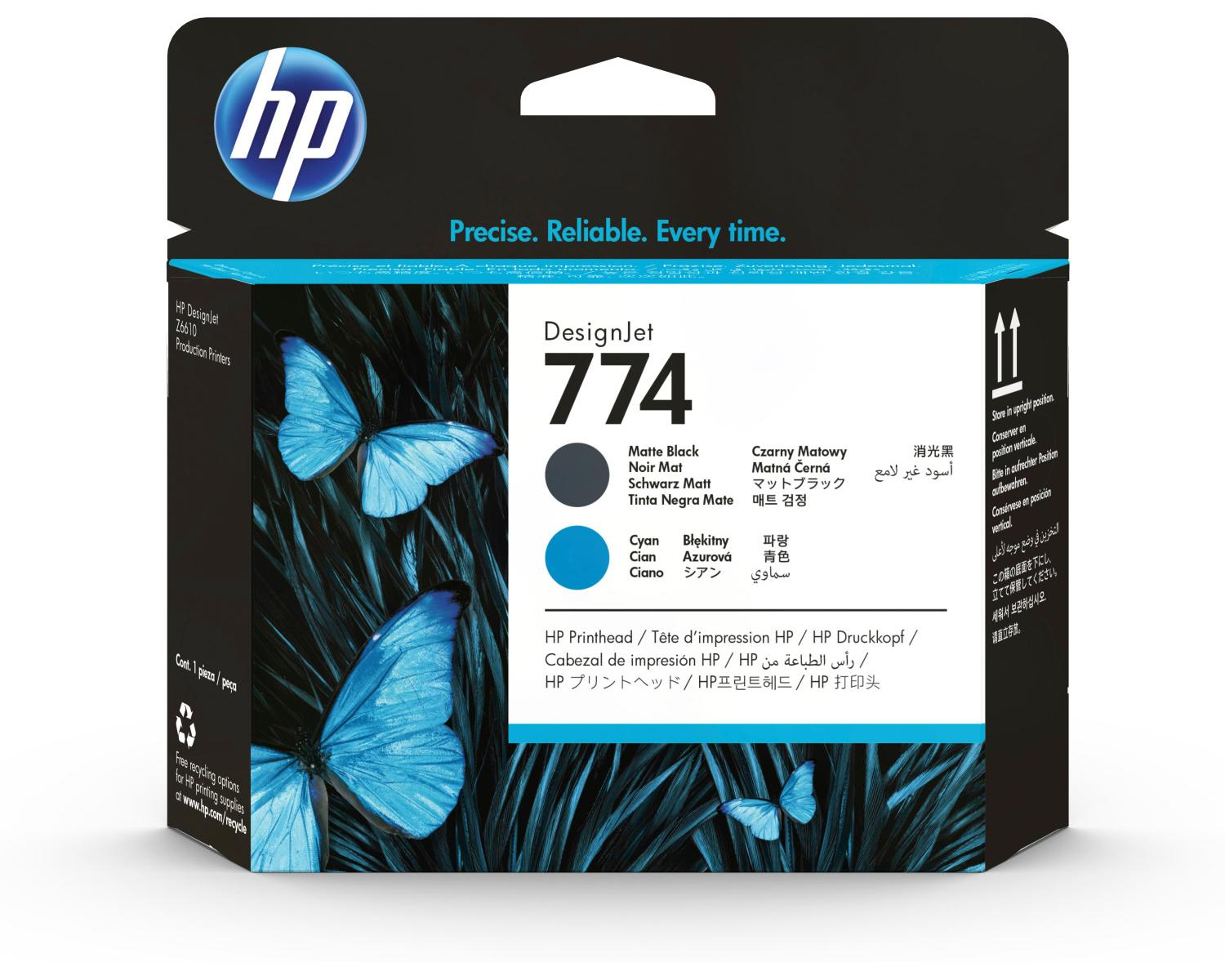 Embalaje del cabezal de impresión HP DesignJet 774 con mariposas azules.