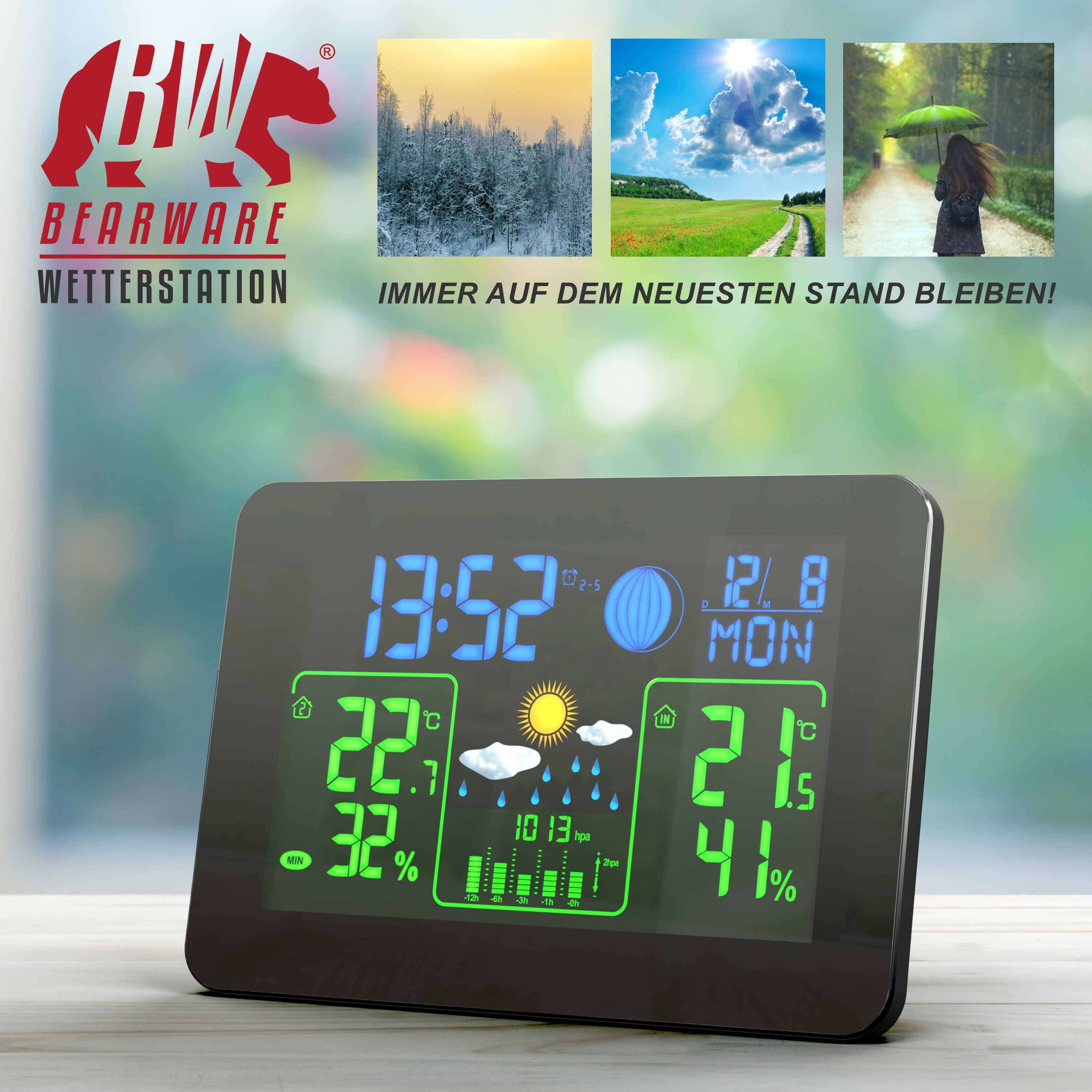 Digitale Wetterstation mit blauem und grünem Display zeigt Uhrzeit, Temperatur, Luftfeuchtigkeit und Wetter.