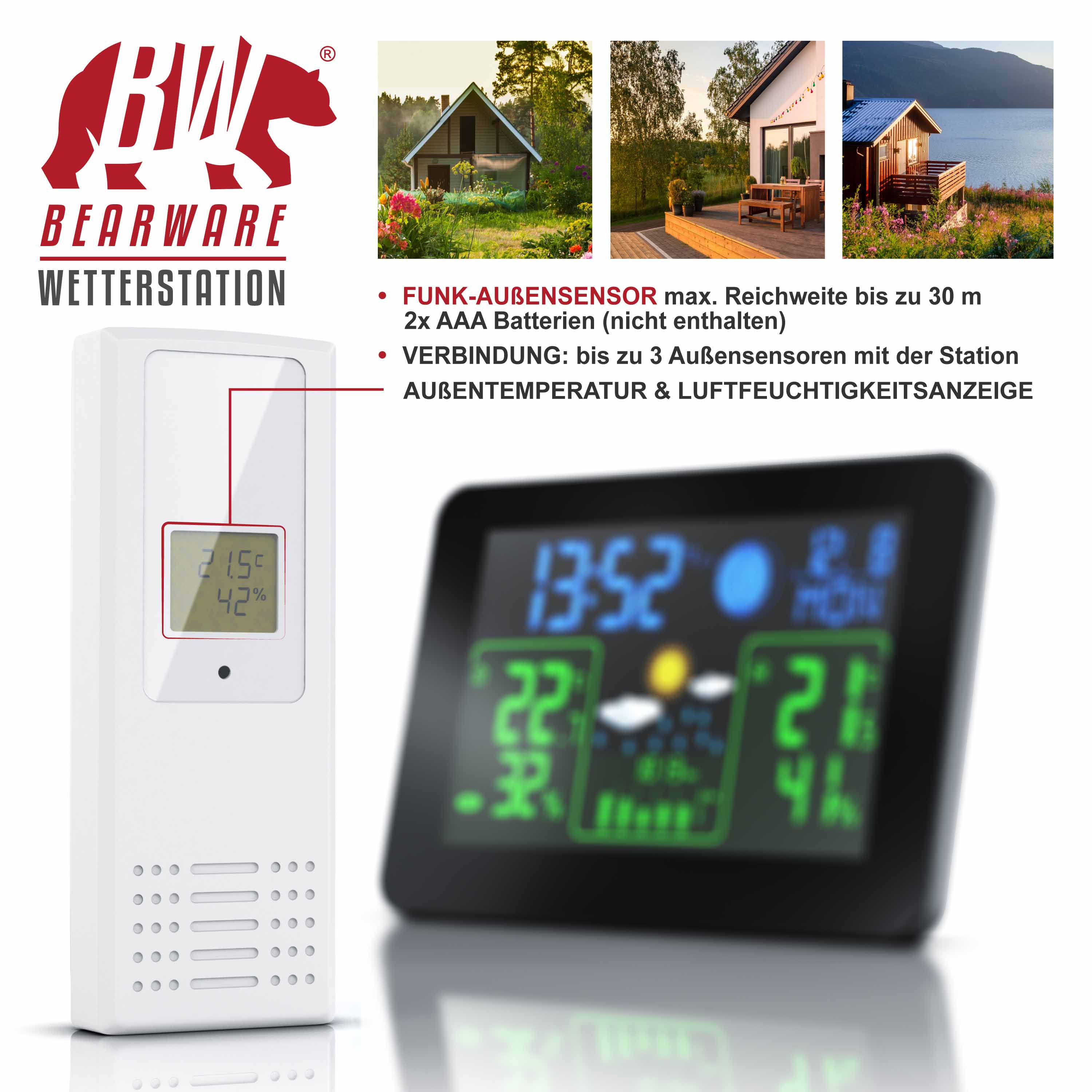 Bearware Wetterstation mit Funkaussensensor, Digitaldisplay und deutschen Texten zu den Funktionen.