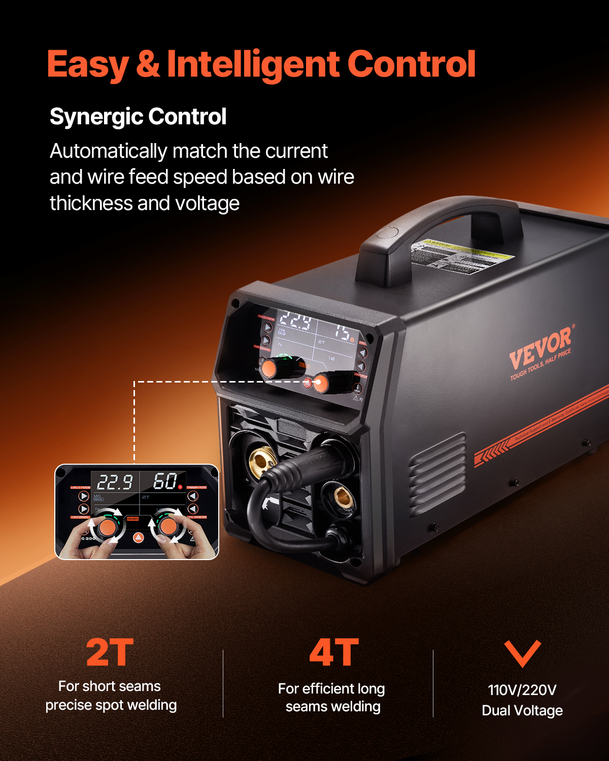 Una máquina de soldar VEVOR negra sobre fondo oscuro con texto naranja que destaca sus funciones de control sinérgico.