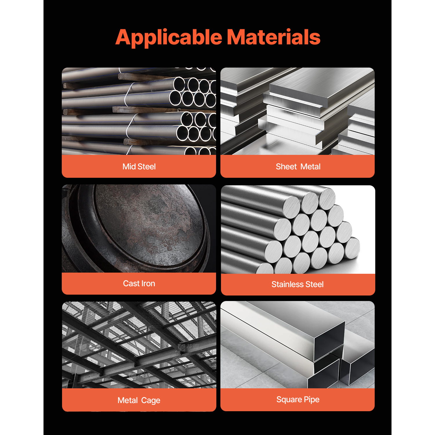 Seis imágenes muestran materiales aplicables como acero, hierro fundido, chapa, jaulas y tubos cuadrados.