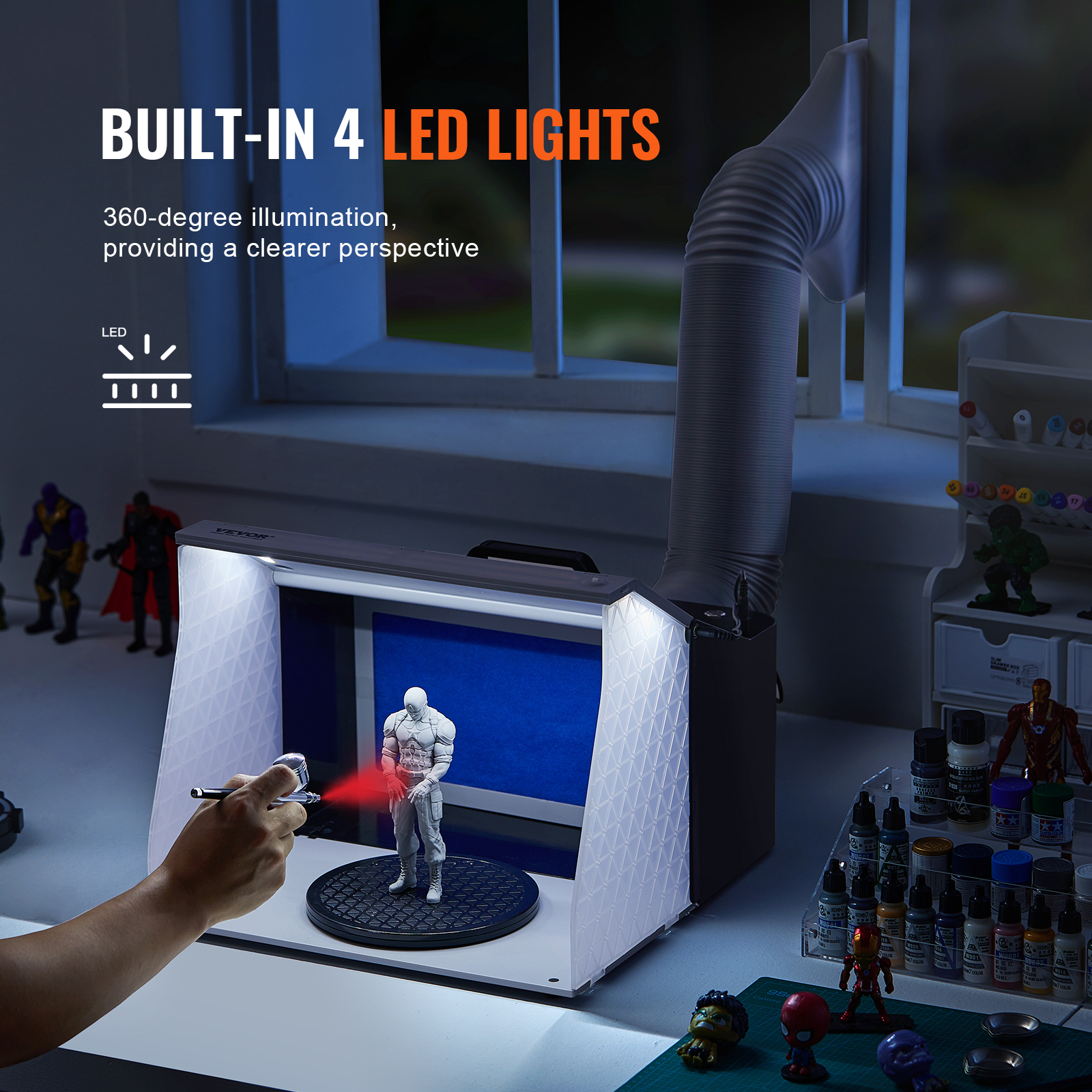 Cabina de pintura con iluminación LED, usada para pintar una figura de acción con aerógrafo.