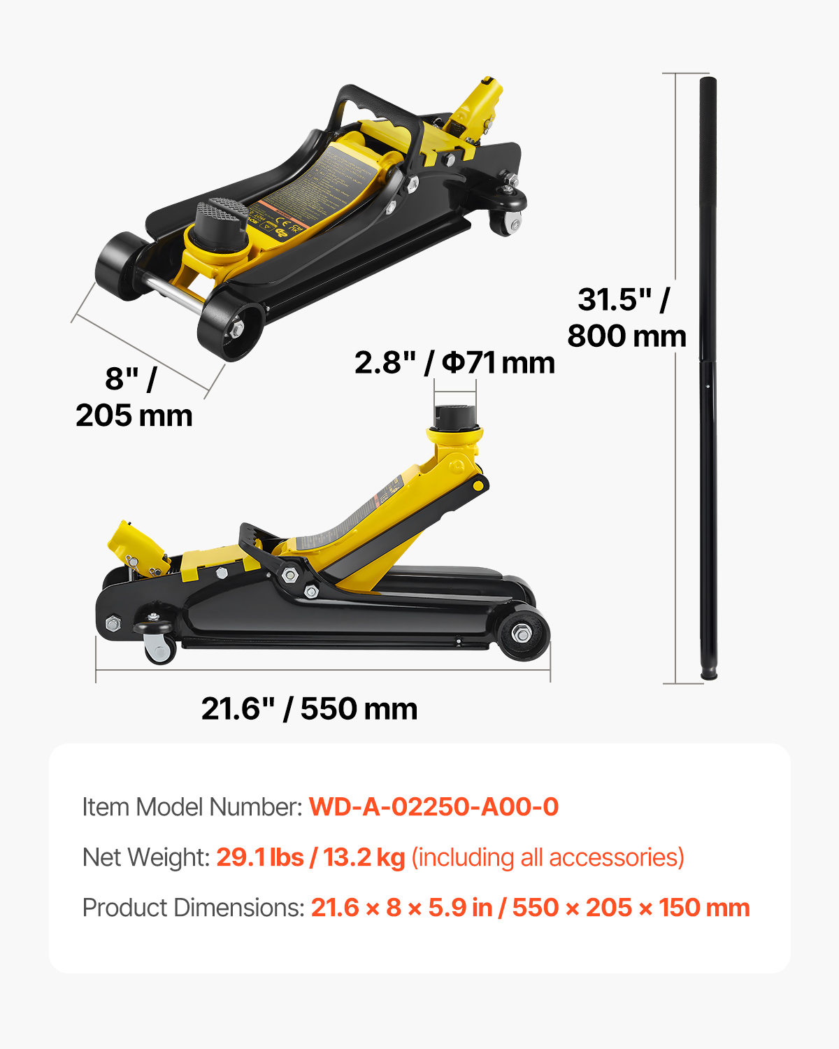 Gato hidráulico amarillo y negro con dimensiones, mango y especificaciones.