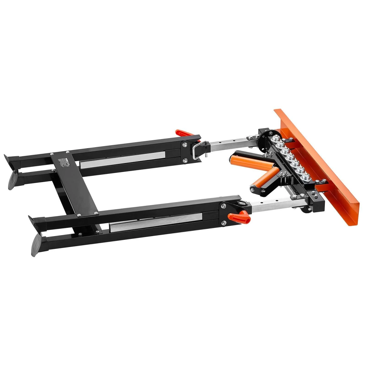 Una herramienta ajustable de metal negro con mangos naranjas y un riel naranja.