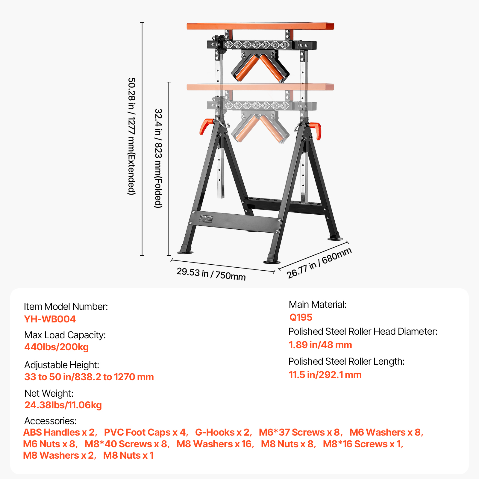 Soporte de rodillos ajustable con medidas y especificaciones para YH-WB004.