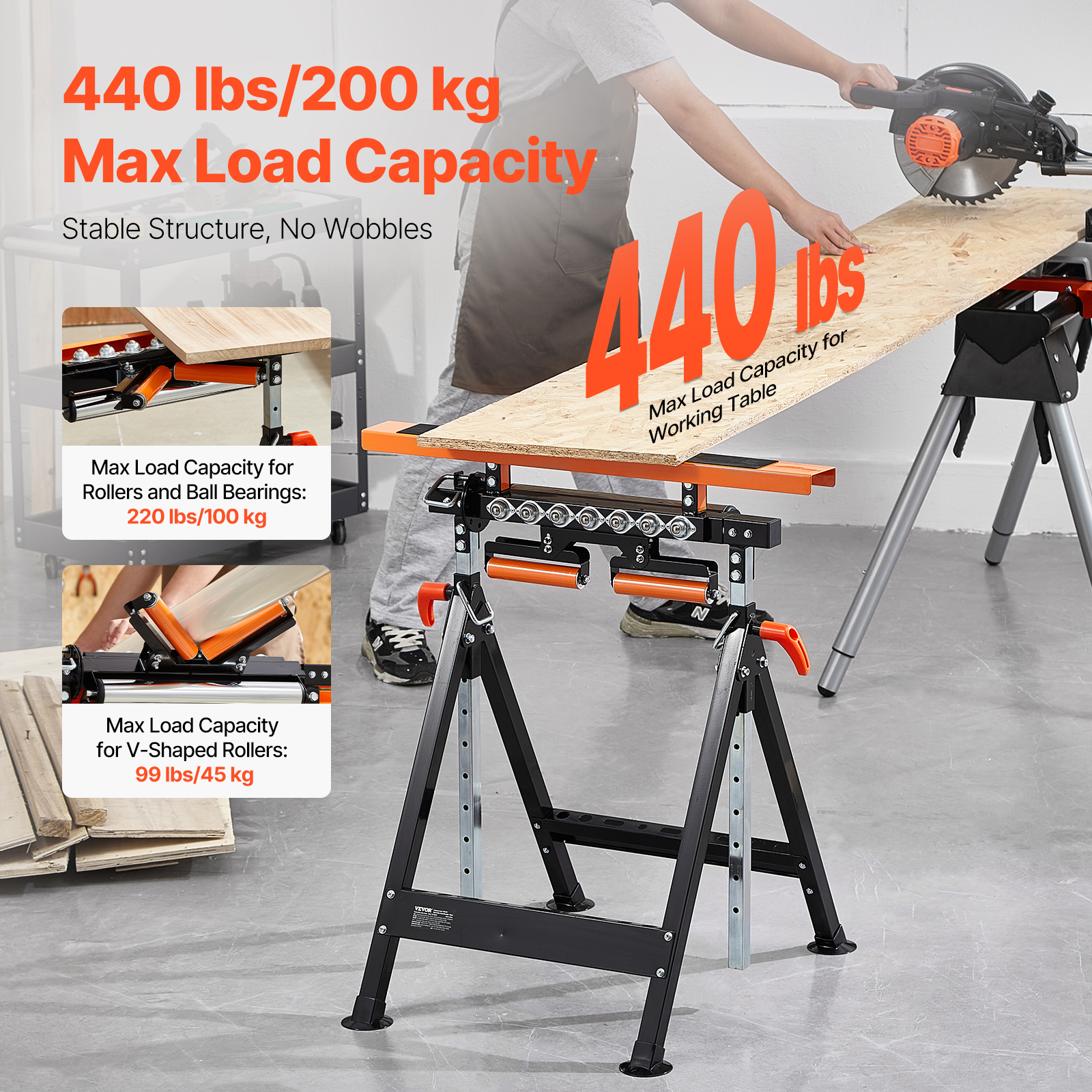Mesa de trabajo ajustable con 440 lbs de capacidad, rodillos y sierra al fondo.