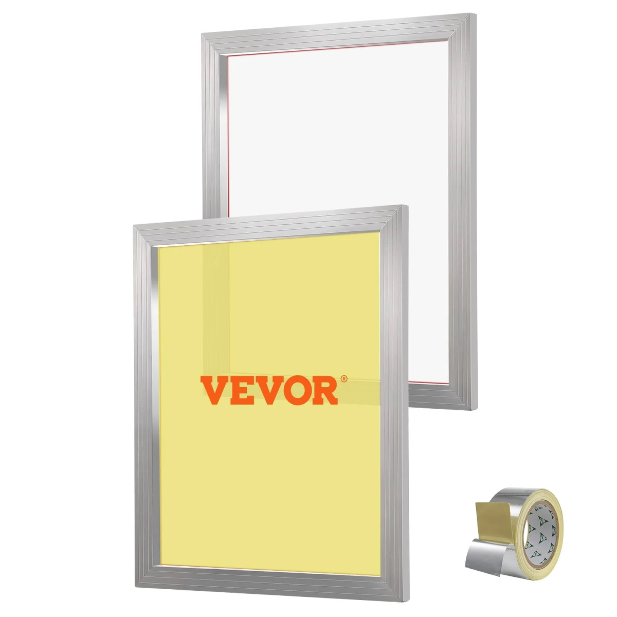 Dos marcos de serigrafía plateados, uno blanco y otro amarillo con el logotipo VEVOR, y cinta adhesiva.
