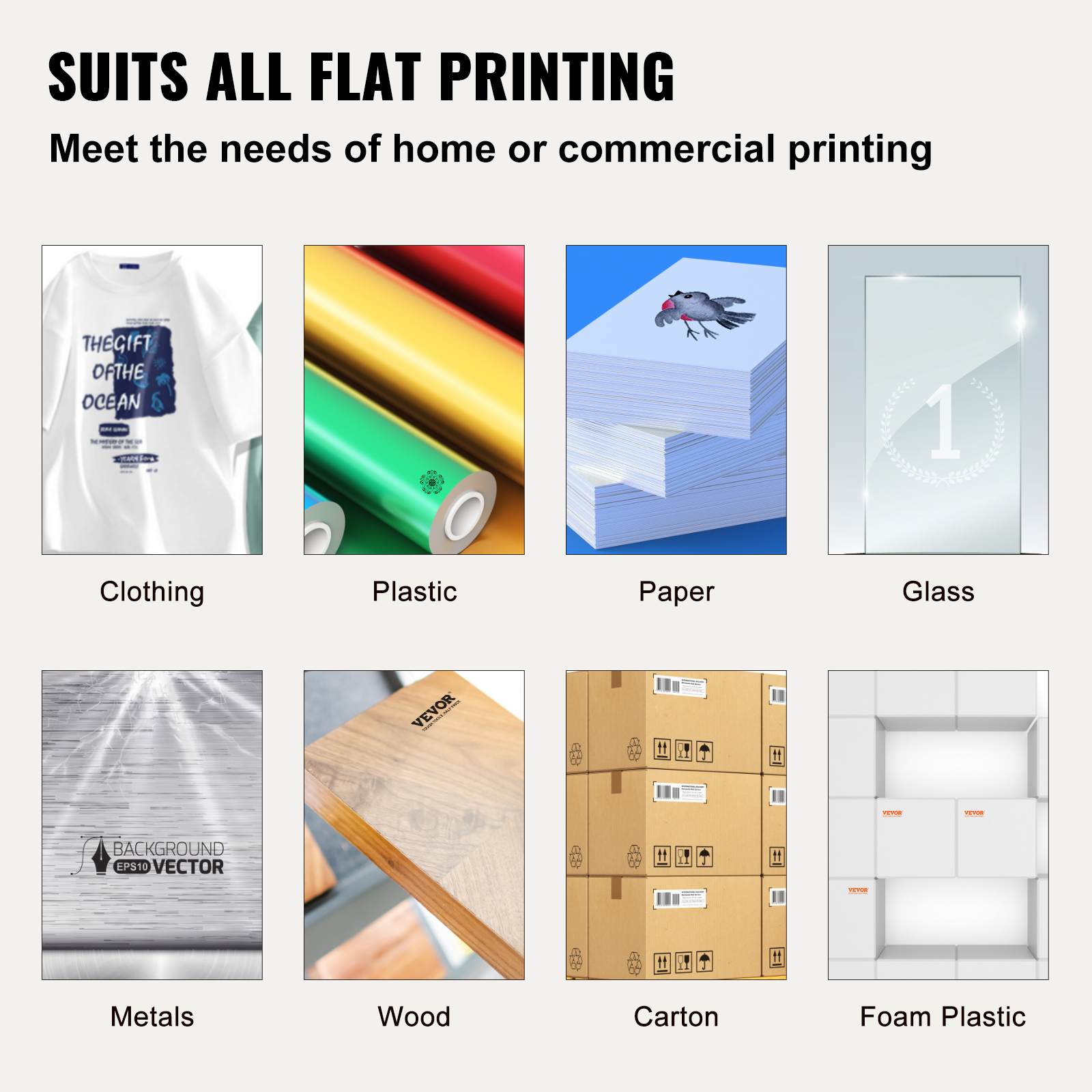 Impresión plana para varios materiales como ropa, plástico, papel, vidrio, metal, madera, cartón y espuma plástica.