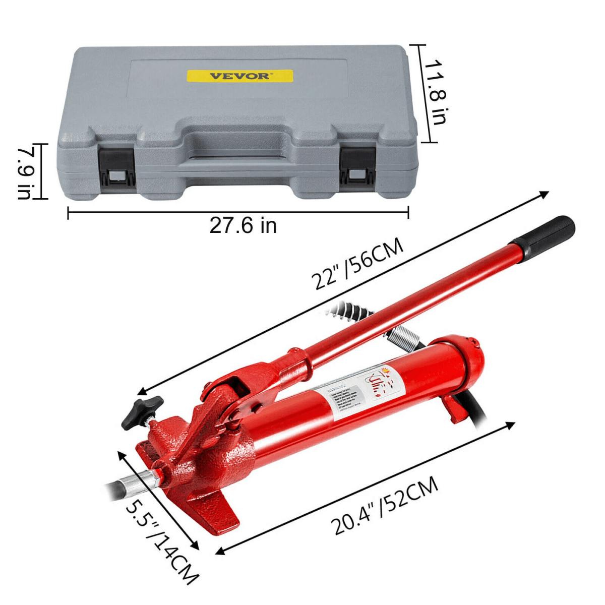 Bomba de mano hidráulica roja con dimensiones y maletín gris Vevor.