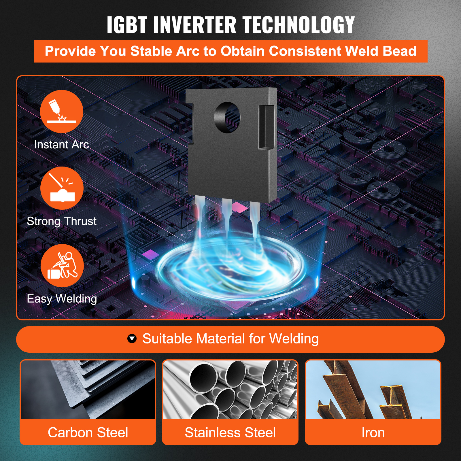 Tecnología inversora IGBT con funciones de soldadura y materiales como acero al carbono, inoxidable y hierro.