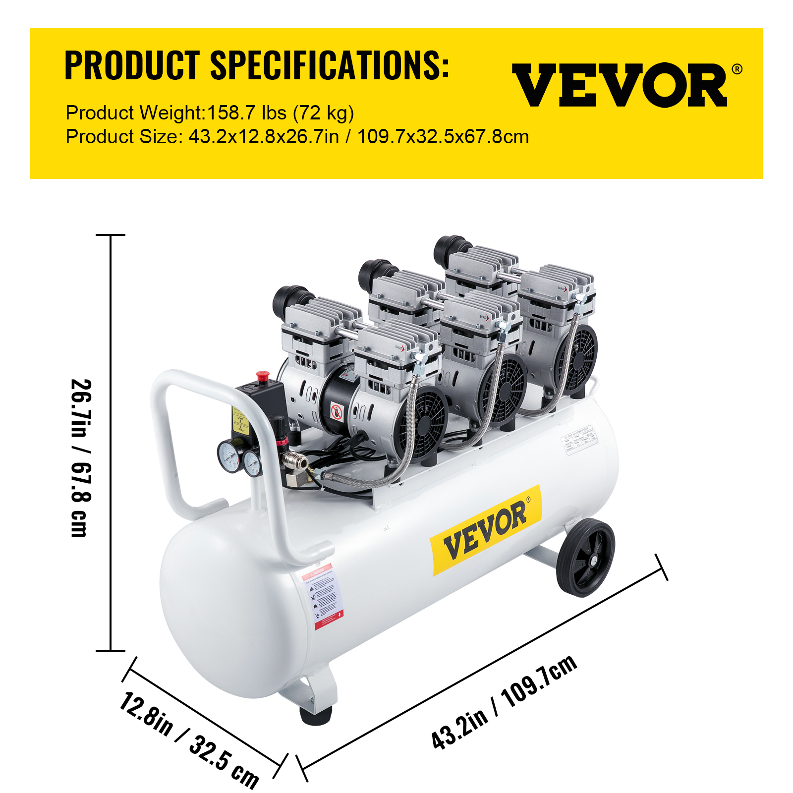 Un compresor de aire VEVOR blanco con seis motores y flechas de dimensiones que indican largo, ancho y alto.