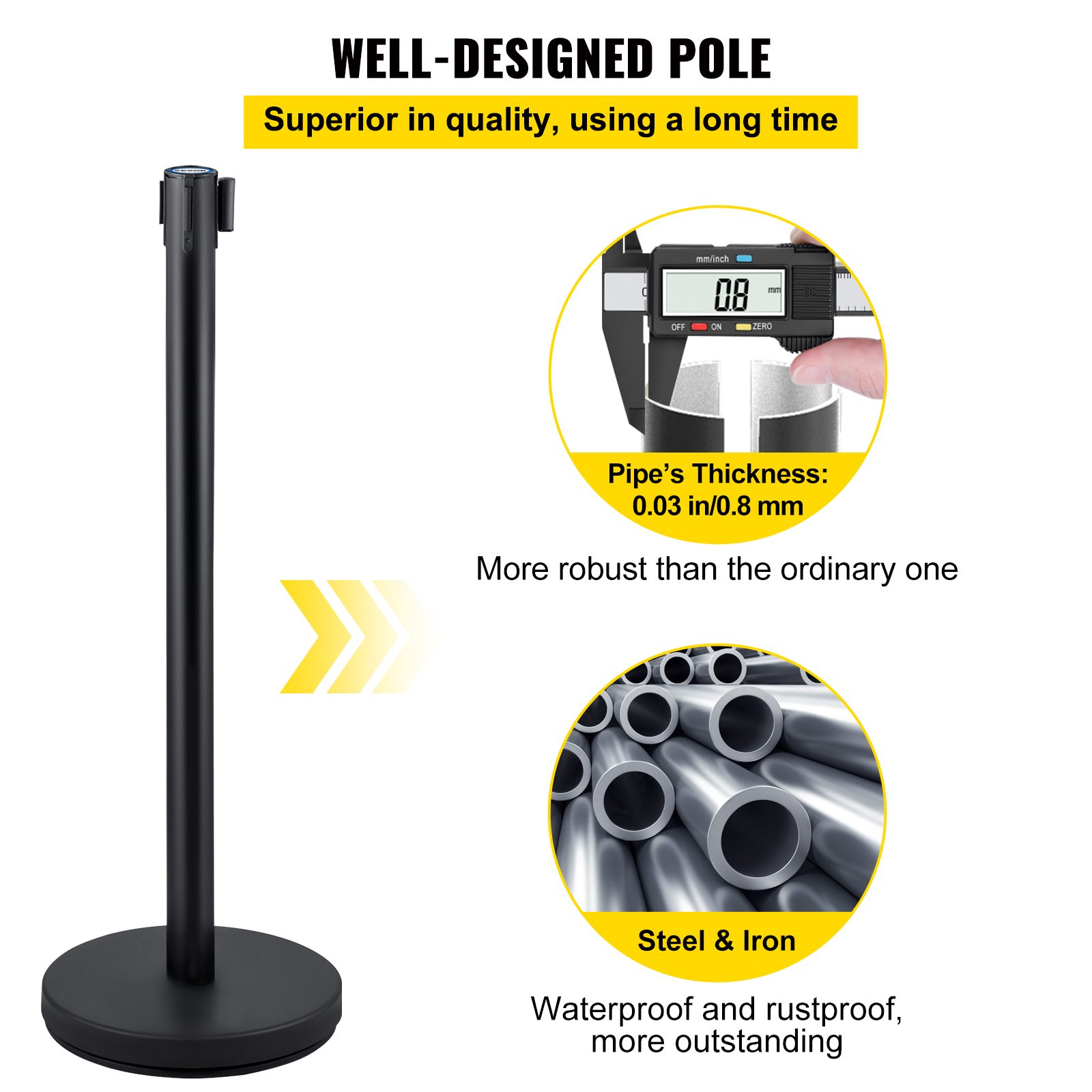 Un poste delimitador negro con inserciones que muestran su grosor de tubo de acero de 0.8 mm y calidad.