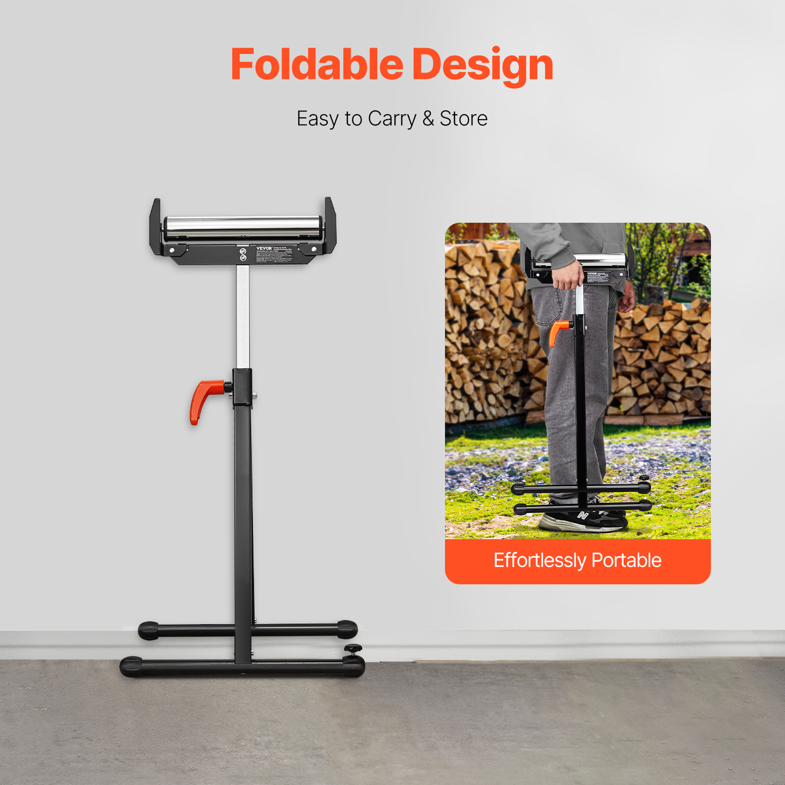 Un soporte de rodillo plegable con altura ajustable y diseño portátil mostrado sobre un fondo claro.